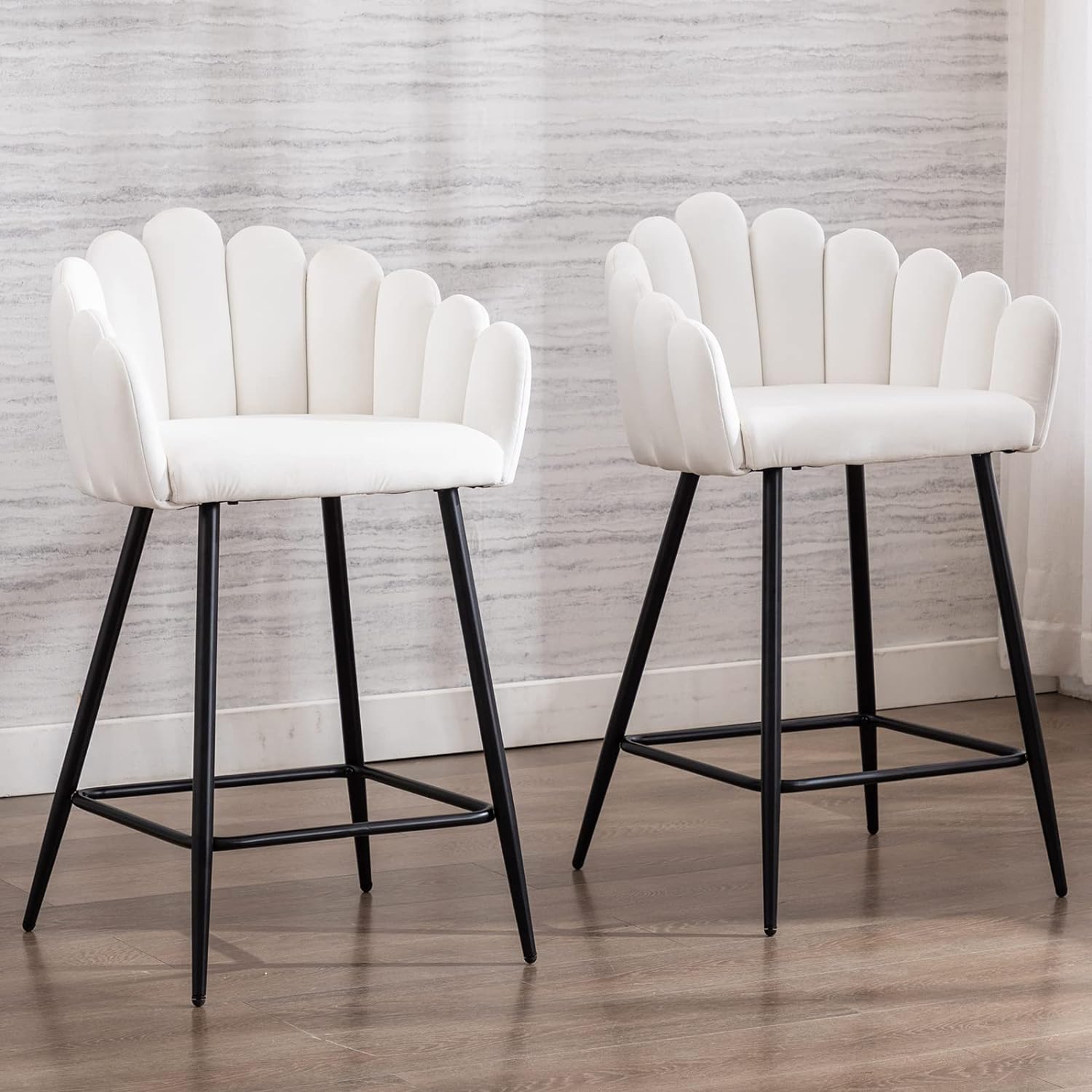 DUOMAY Modern White Bar Stools Set of 2, 26 Counter Height Stools, Velvet Upholstered Kitchen Island Barrel Chair with Black Metal Legs for Home Kitchen Bistro Coffee Shop Restaurants