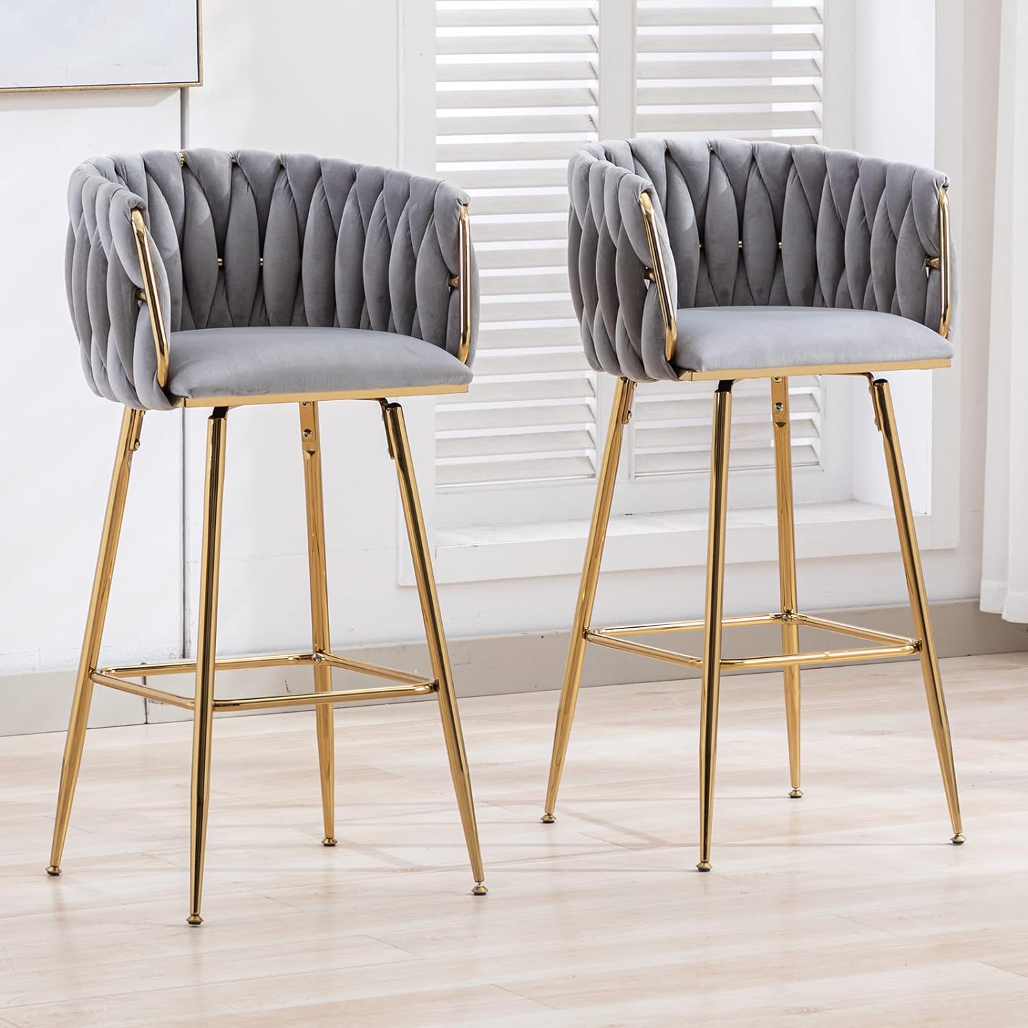 DUOMAY Modern Swivel Bar Stools Set of 2, 26 Counter Height Barstools, Velvet Kitchen Island Counter Bar Chair with Barrel Back for Kitchen Dining Room, Golden Base, Grey