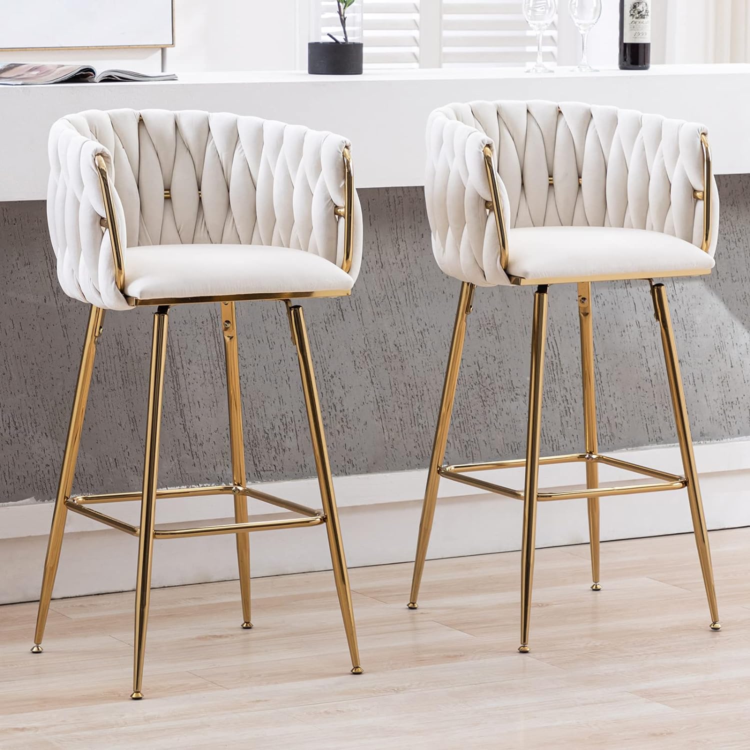 DUOMAY Modern Swivel Bar Stools Set of 2, 26 Counter Height Barstools, Velvet Kitchen Island Counter Bar Chair with Barrel Back for Kitchen Dining Room, Golden Base, Beige