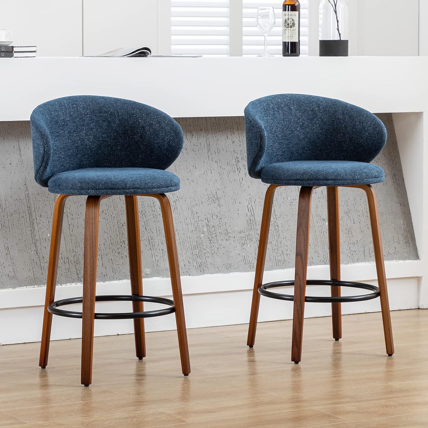 DUOMAY Modern Bar Stools Set of 2, 26 Counter Height Stools with Barrel Back, Linen Kitchen Island Chair with Wood Legs for Dining Room Bar Coffee Shop, Blue