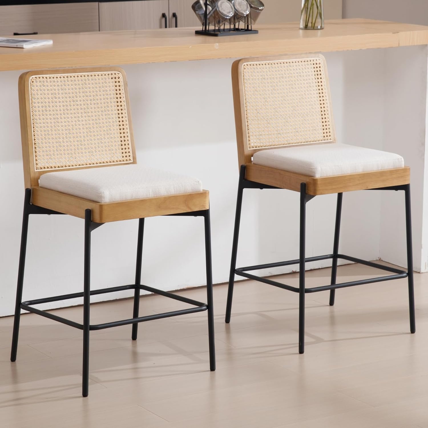 DUOMAY Modern Bar Stools Set of 2, 26 Counter Height Stool with Rattan Back, Linen Upholstered Kitchen Island Chair Barstools with Metal Legs for Home Bar Coffee Shop, Beige