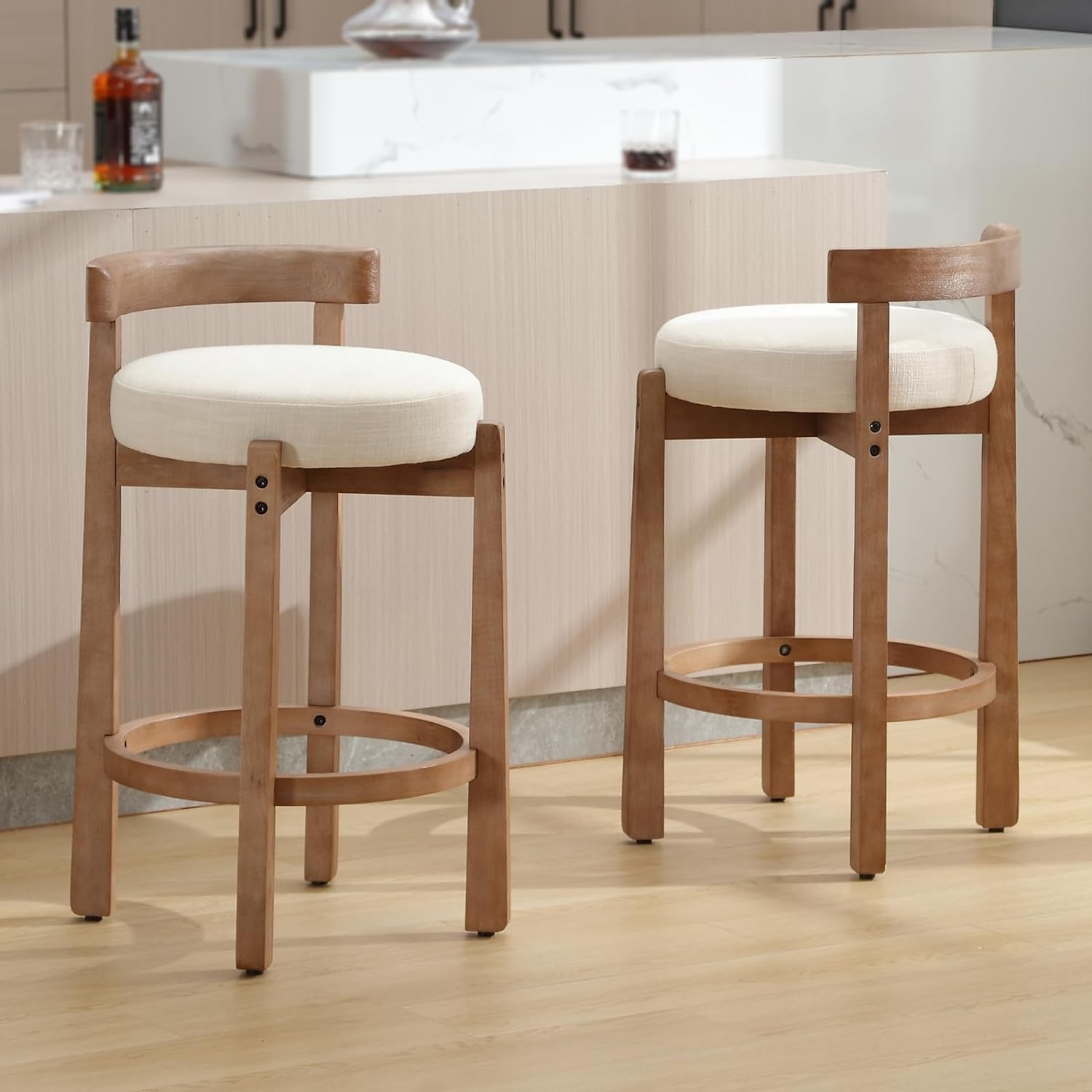 DUOMAY Modern Bar Stools Set of 2, 26 Counter Height Stools, Armless Round Wood Barstools Kitchen Island Stool with Linen Seat for Home Bar Coffee Shop, Beige