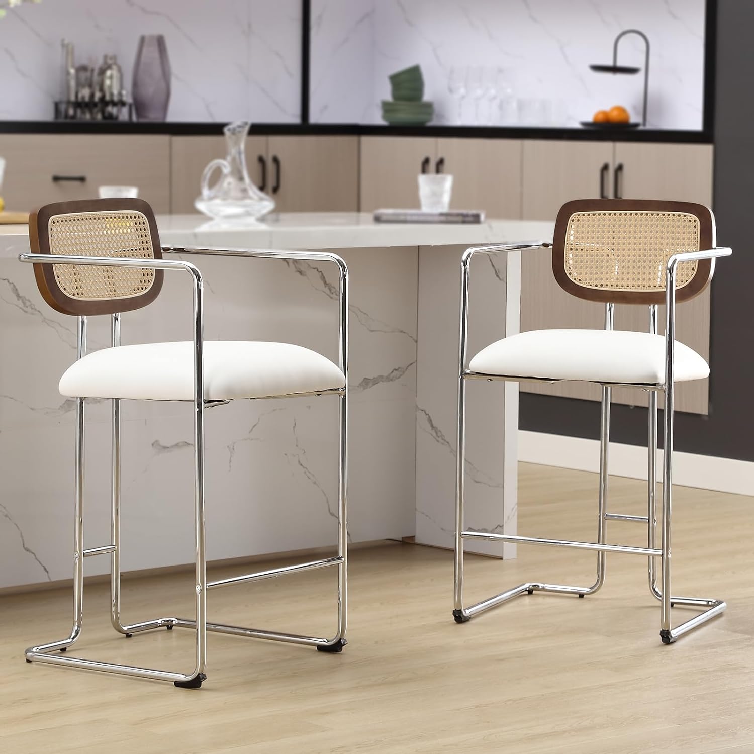 DUOMAY Mid-Century Modern Bar Stools Set of 2, 26 Counter Height Stools with Rattan Back, Faux Leather Upholstered Kitchen Chair with Arms and Chrome Finish for Kitchen Home Bar Office, Beige