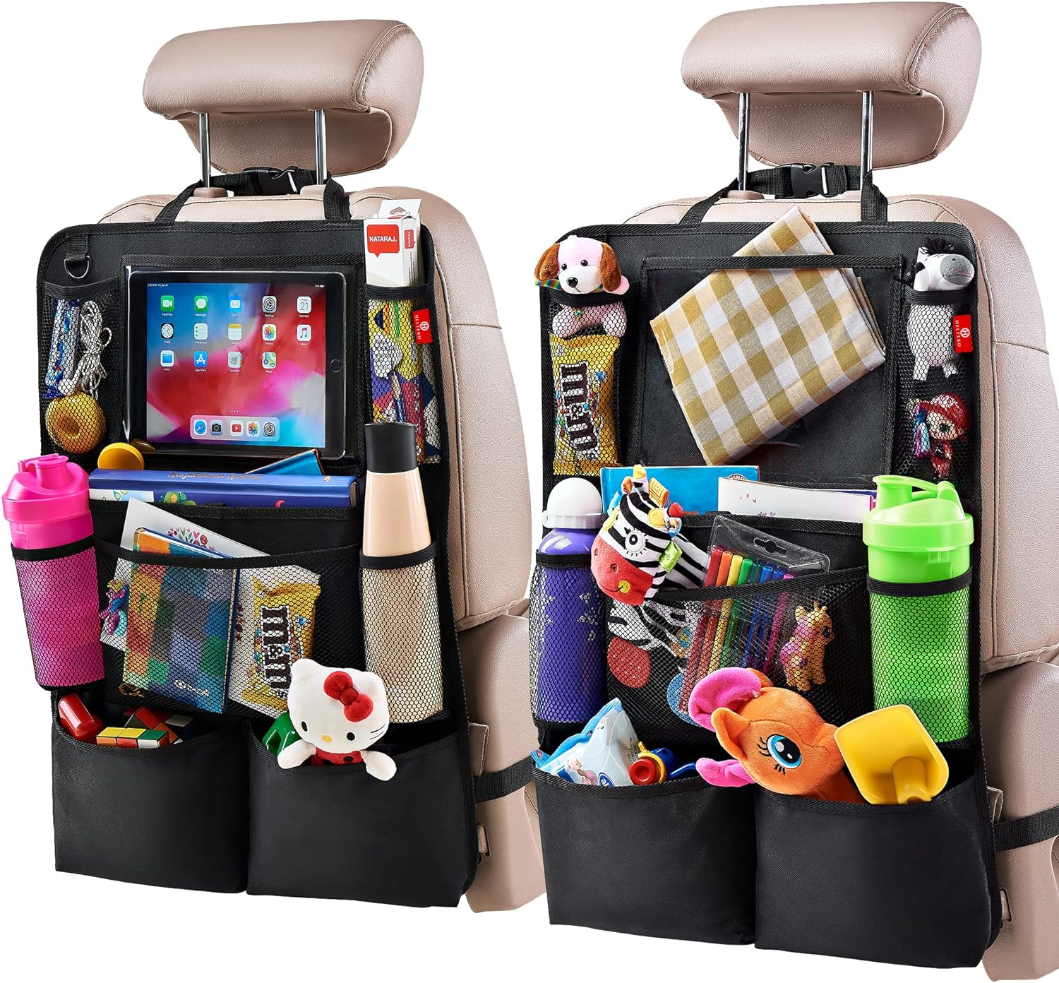Helteko Backseat Car Organizer, Kick Mats Back Seat Protector with Touch Screen Tablet Holder, Back Seat Organizer for Kids, Travel Accessories with 9 Storage Pockets 2 Pack, Black