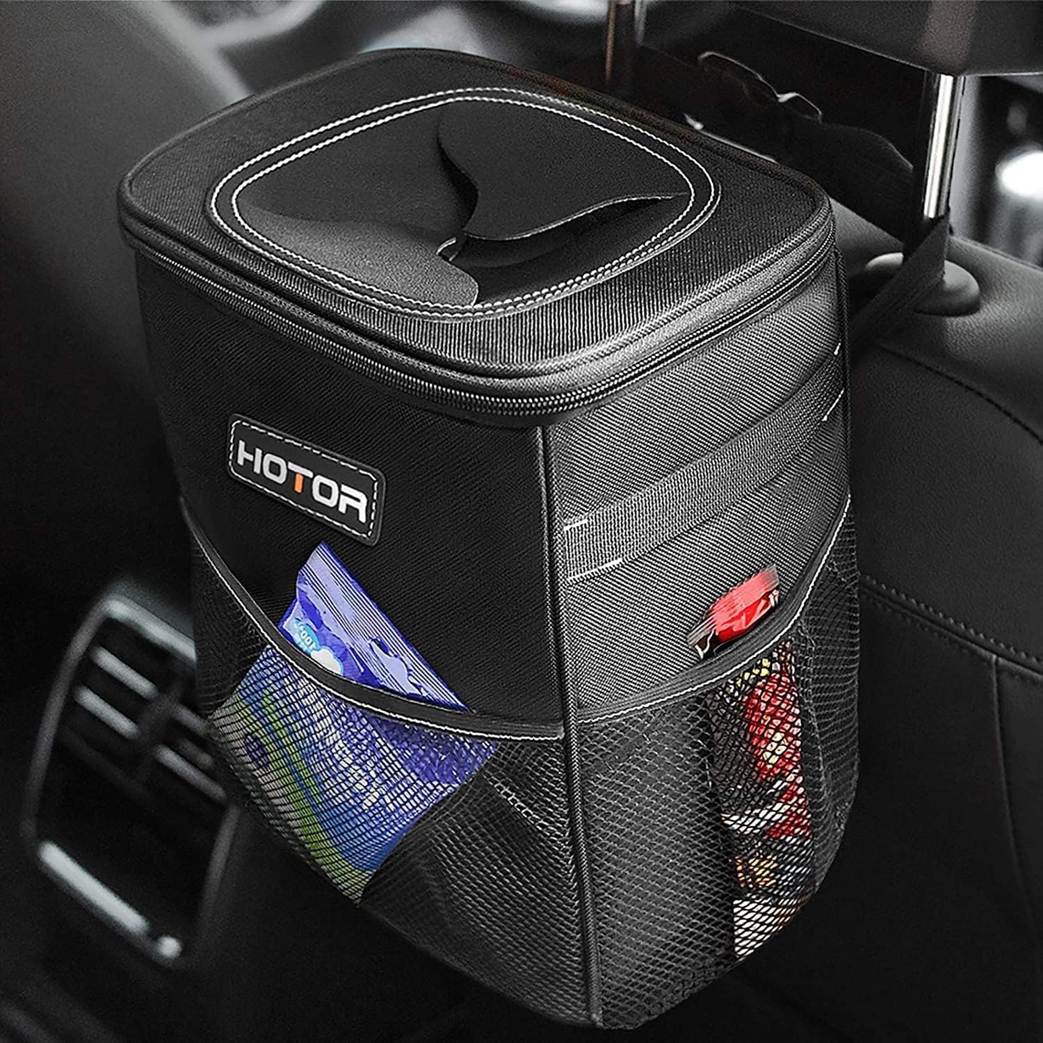 HOTOR Car Trash Can with Lid and Storage Pockets - 100% Leak-Proof Organizer, Waterproof Garbage Can, Multipurpose Trash Bin for Car, 2 Gallons, Black