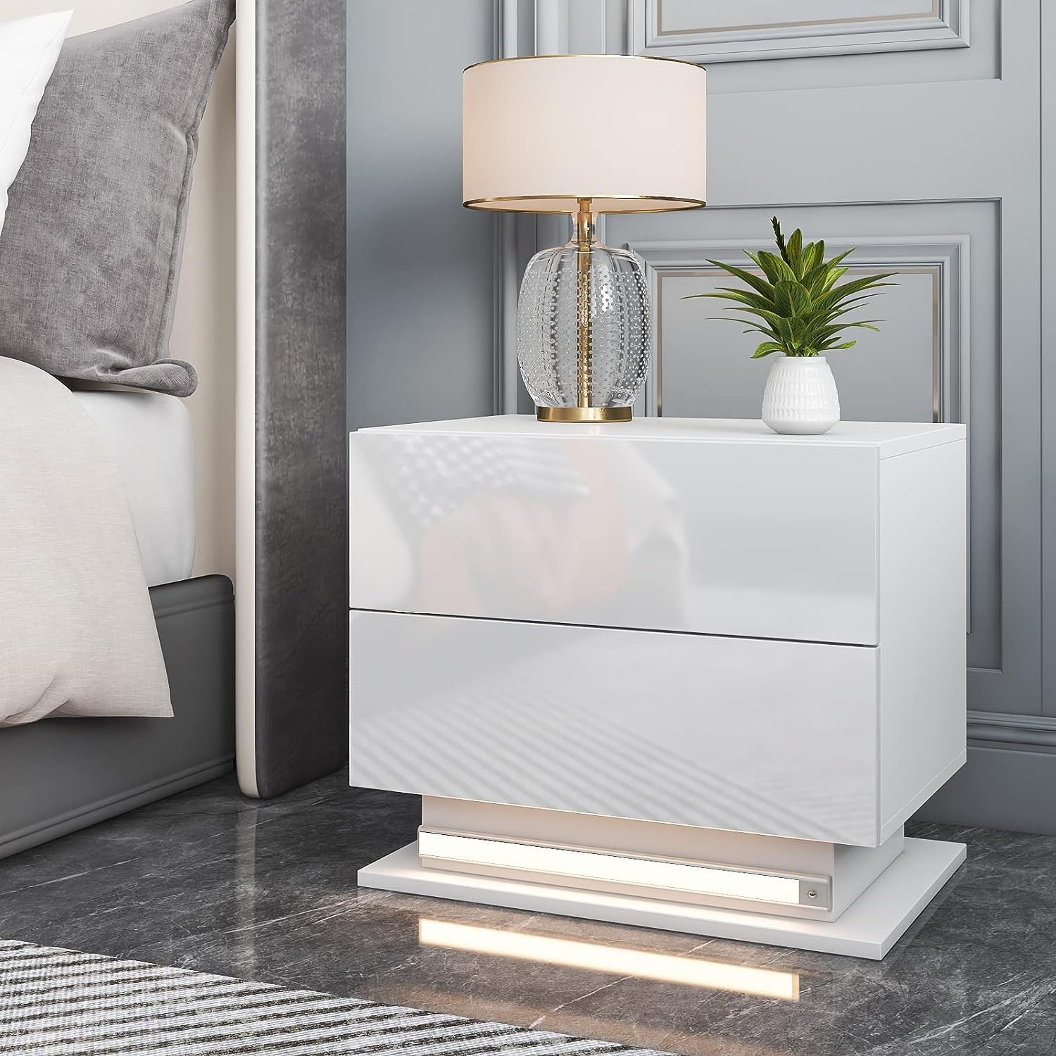 HOMMPA LED Nightstand with Smart Motion Sensor Light White Night Stand with Rechargeable LED Bedside Table with Auto Led Lights Night Table with 2 High Gloss Drawers for Bedroom