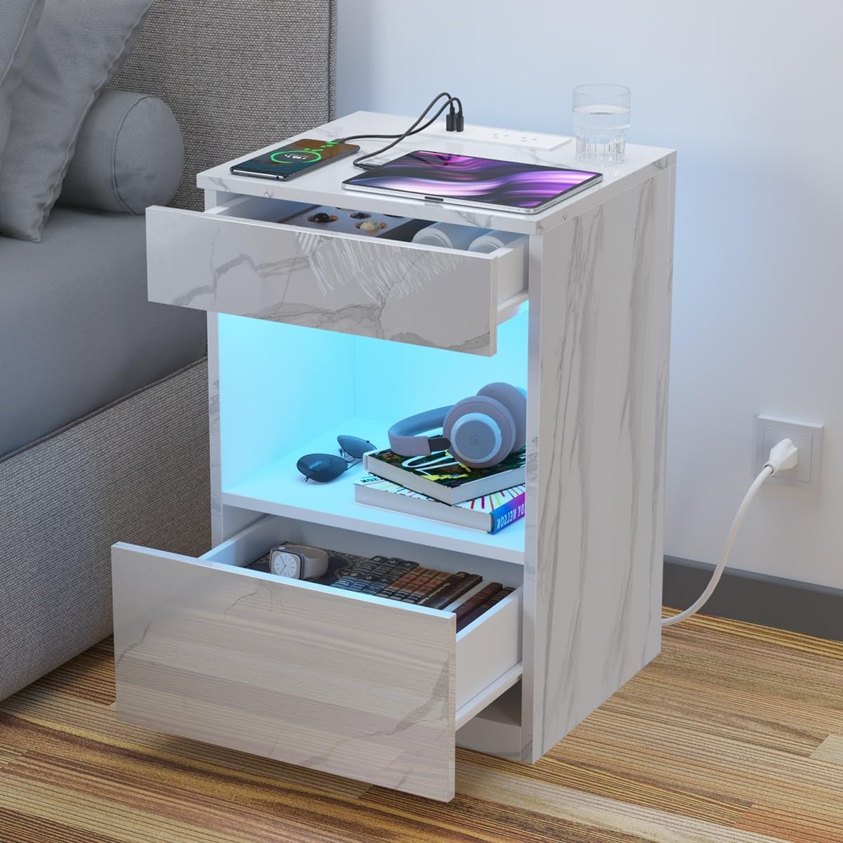 Nice, this is an incredible side table. Here we have a 2 drawer open shelf LED nightstand with charging station. This seriously has made my bedroom even better. I wanted to replace a current stand and came across this. What caught my eye was that this has built in charging station right on top of the side table.I tend to have quite a few things plugged in at night, and I am one that hates the appearances of cords.The quality of the side table is A  . This has a high gloss finish, which just adds