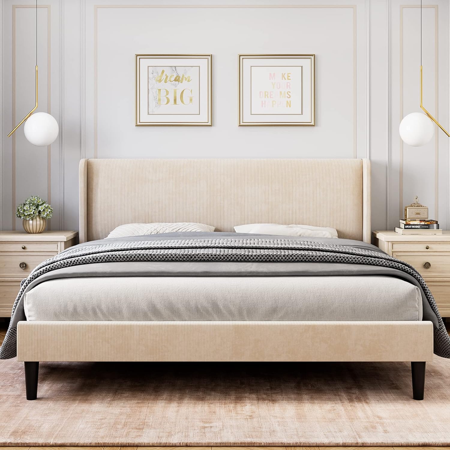 IDEALHOUSE King Upholstered Bed Frame with Wingback Headboard, Luxurious Velvet Upholstery Platform Bed, Wooden Slat Support, and Easy Assembly - Box Spring Optional, Beige