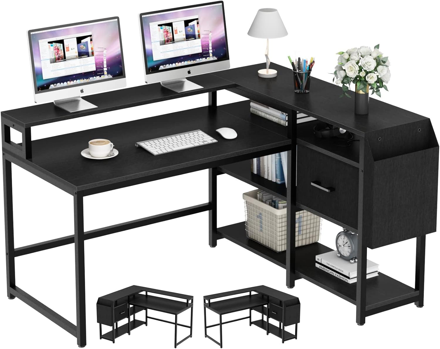 Reversible L Shaped Computer Desk with Drawer, 55 W x 41 D Industrial Corner Desk with 4 Tier Shelves & Monitor Stand and Storage Bag, Study Table for Home Office, Black