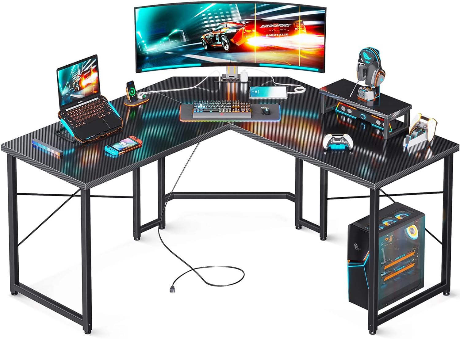 51 Inch L Shaped Gaming Desk with Power Outlets, Computer Desk with Monitor Stand for Home Office, PC Corner Desk Table Sturdy Writing Workstation, Carbon Fiber Surface, Black