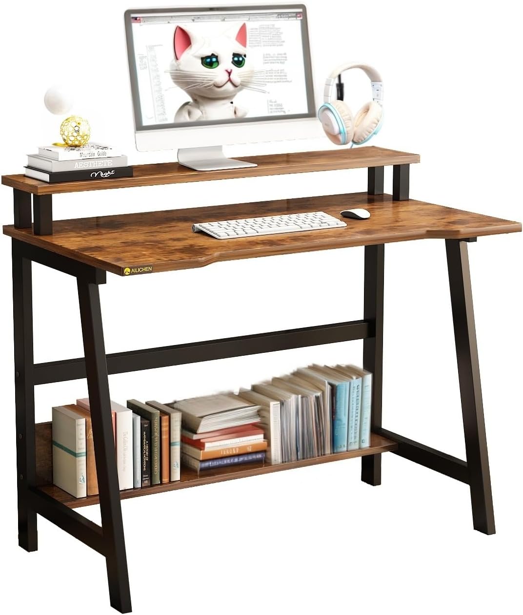 Small Computer Desk for Small Spaces - 33.5 Inch Modern Writing Table with Monitor Storage Shelf for Home Office and Study, Compact Laptop Desk in Simple and Sleek Style