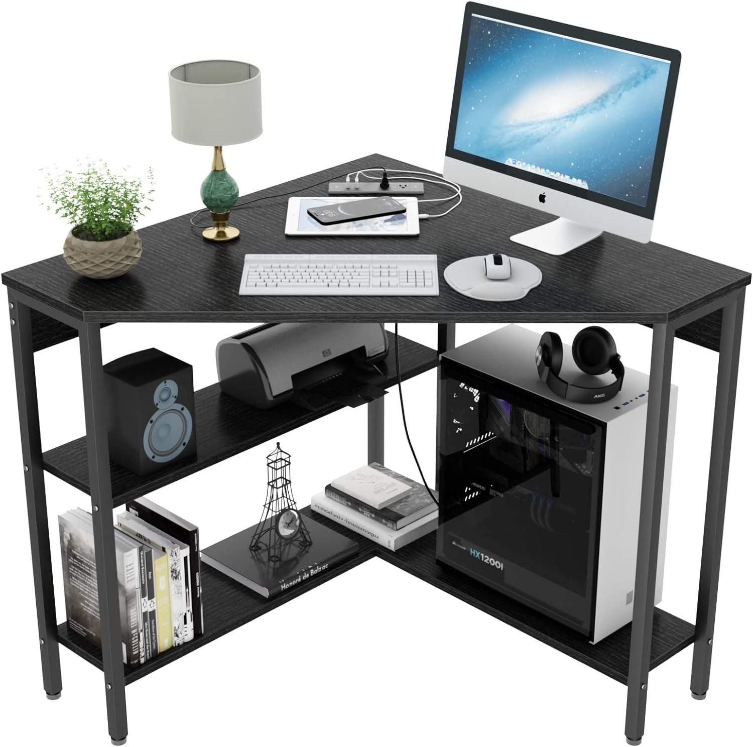 Corner Desk with Outlets & USB Ports, 90 Degree Triangle Corner Table with CPU Stand & Storage Shelves for Small Space, Computer Table with Charging Station for Home Office Bedroom (Black)