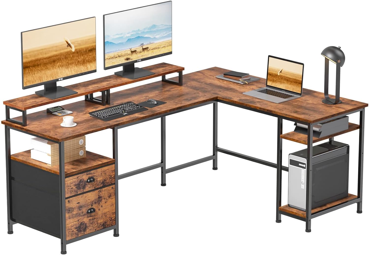 Furologee 66 L Shaped Computer Desk with Shelves, Reversible Corner Gaming Desk with File Drawer and Dual Monitor Stand, Large Home Office Desk Writing Study Table Workstation, Rustic Brown