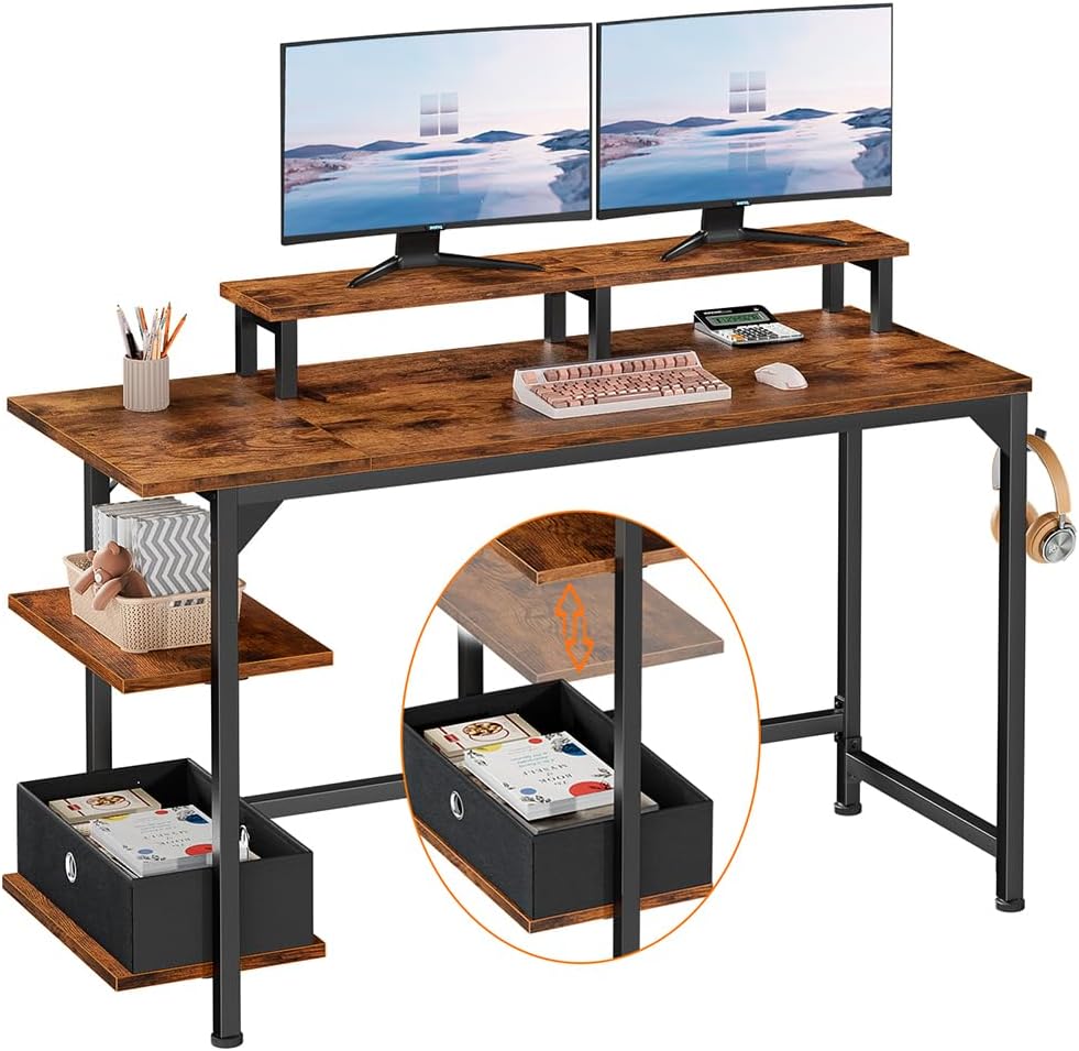 Furologee Computer Desk with Shelves and Fabric Drawer, 47 Home Office Gaming Desk with Monitor Stand, Reversible Study Writing Desk with Hooks, Rustic Brown