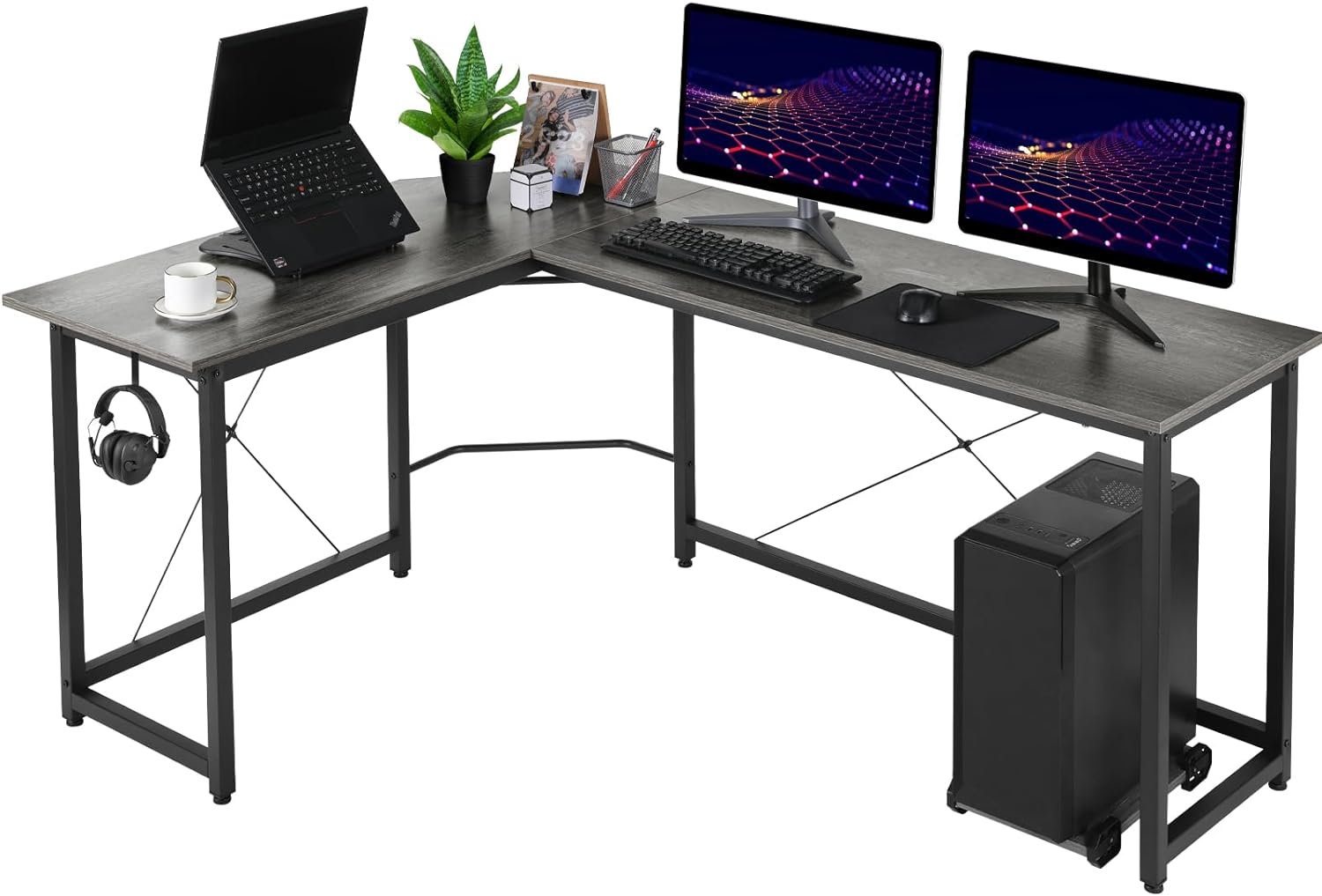 L Shaped Desk, 66.5 x 47'' Home Office Desk, Large Corner PC Laptop Table, Wooden Sturdy Multi-Usage Workstation, Grey