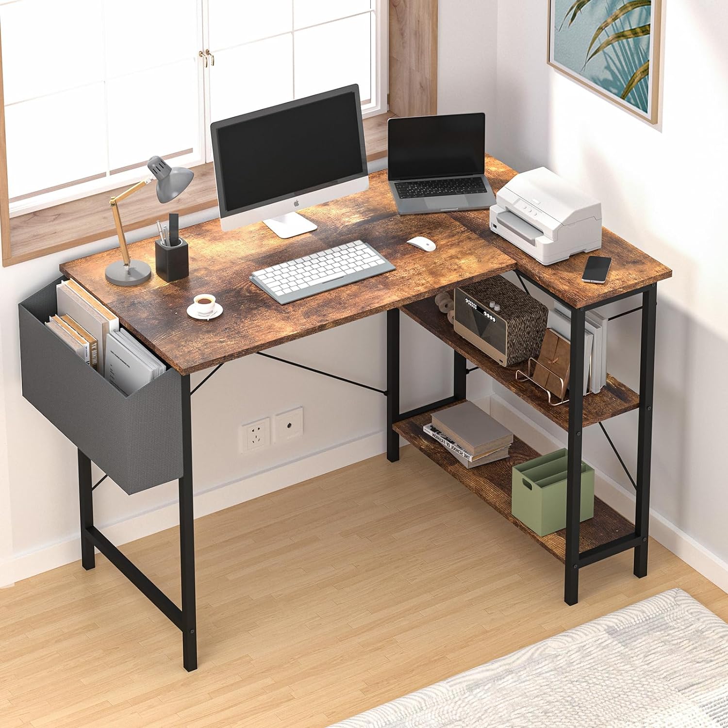 L Shaped Computer Desk, 47 Corner Desk with Storage Shelves, Office Desk with Storage Bag, Work Desk for Home, Office, Workstation, Small Space, Rustic Brown