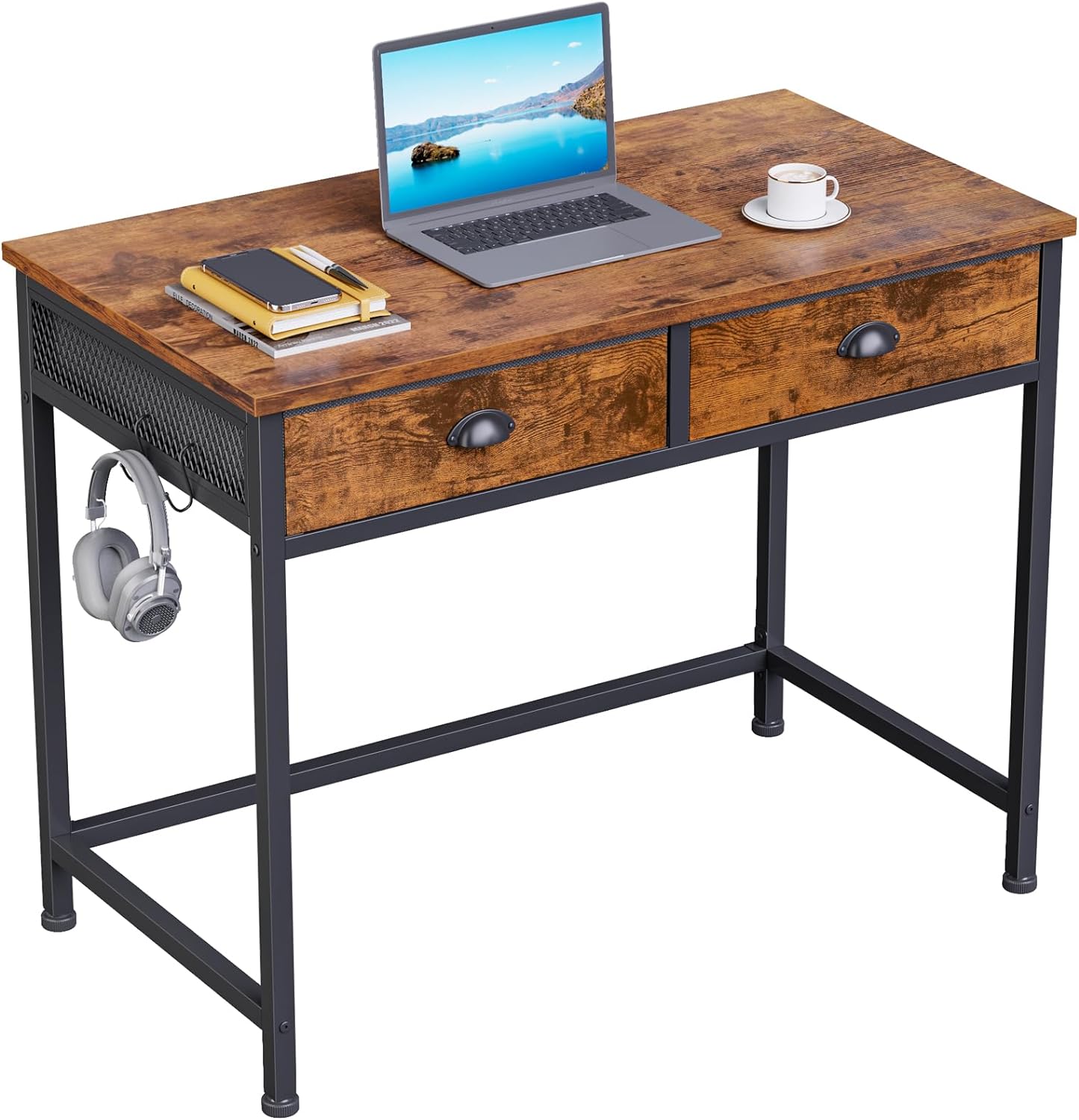 Furologee Computer Desk with 2 Fabric Drawers, Small Home Office Writing Desk, Vanity Desk with Hooks, Simple Study Desk for Small Spaces Bedroom, Rustic Brown