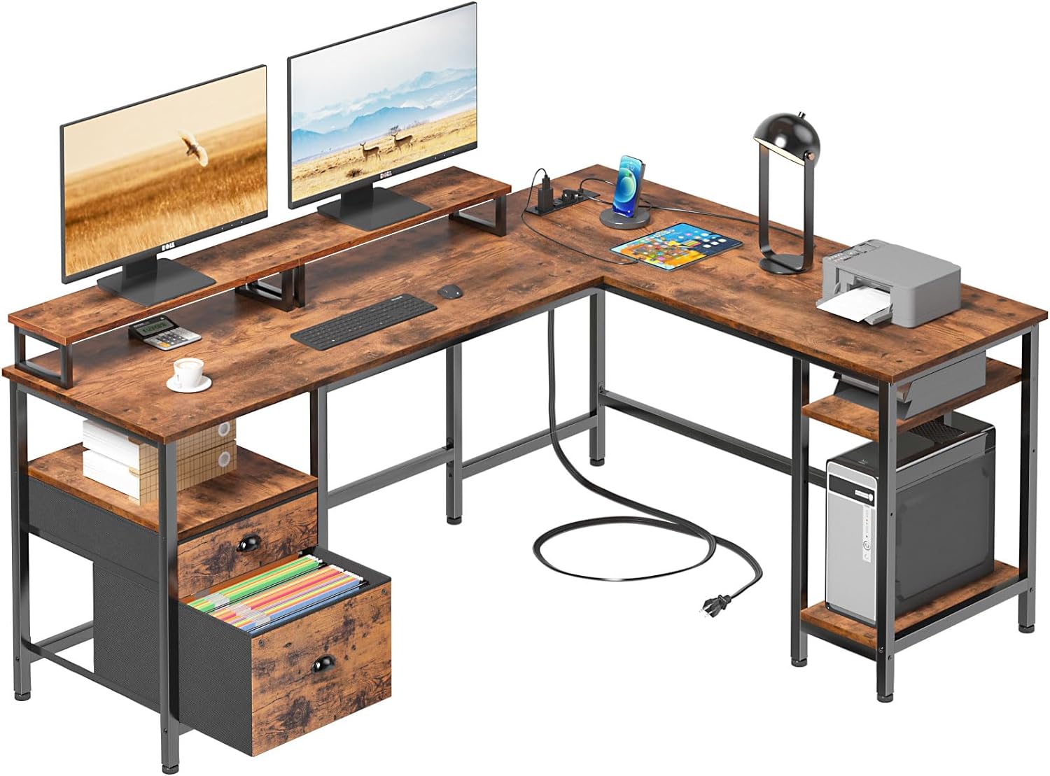 Furologee 66 L Shaped Desk with Power Outlet, Reversible Computer Desk with File Drawer & 2 Monitor Stands, Home Office Desk with Storage Shelves, Corner Desk for Gaming Writing, Rustic Brown