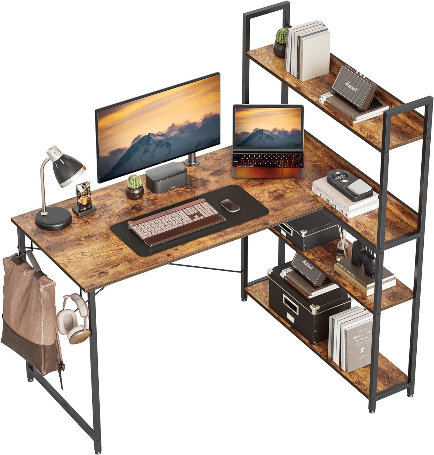 CubiCubi Computer Corner Desk with Storage Shelves, 47 Inch Small L Shaped Computer Desk, Home Office Writing Desk with 2 Hooks, Black