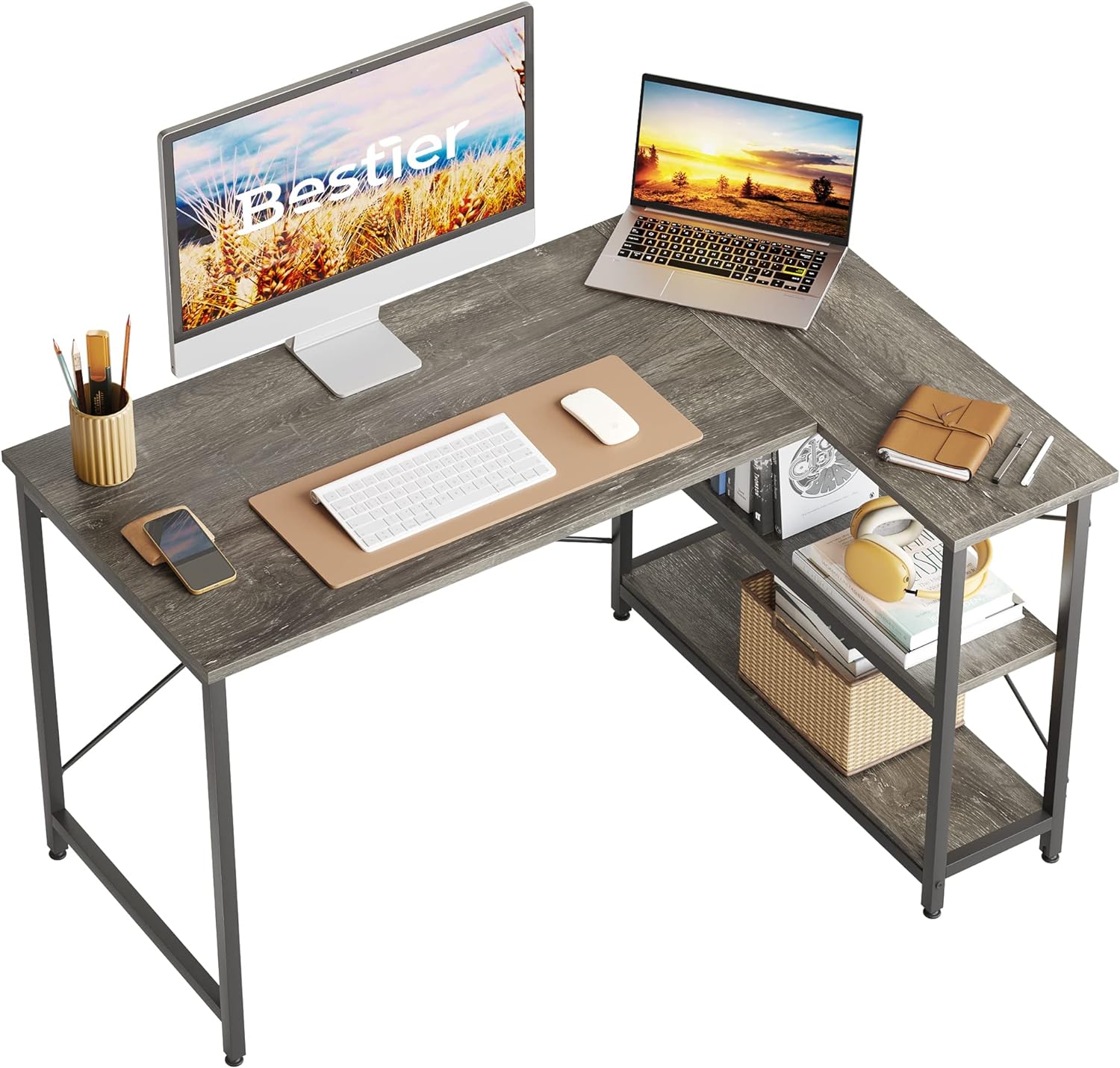 Bestier Small L Shaped Desk with Storage Shelves 47 Inch Corner Computer Desk Writing Study Table for Home Office Small Space, Gray