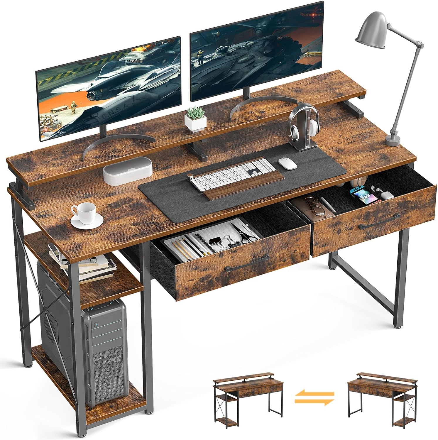 ODK Computer Desk with Drawers, 48 Inch Office Desk with Storage & Shelves, Work Writing Desk with Monitor Stand Shelf, Rustic Brown Home Office Desks for Small Spaces