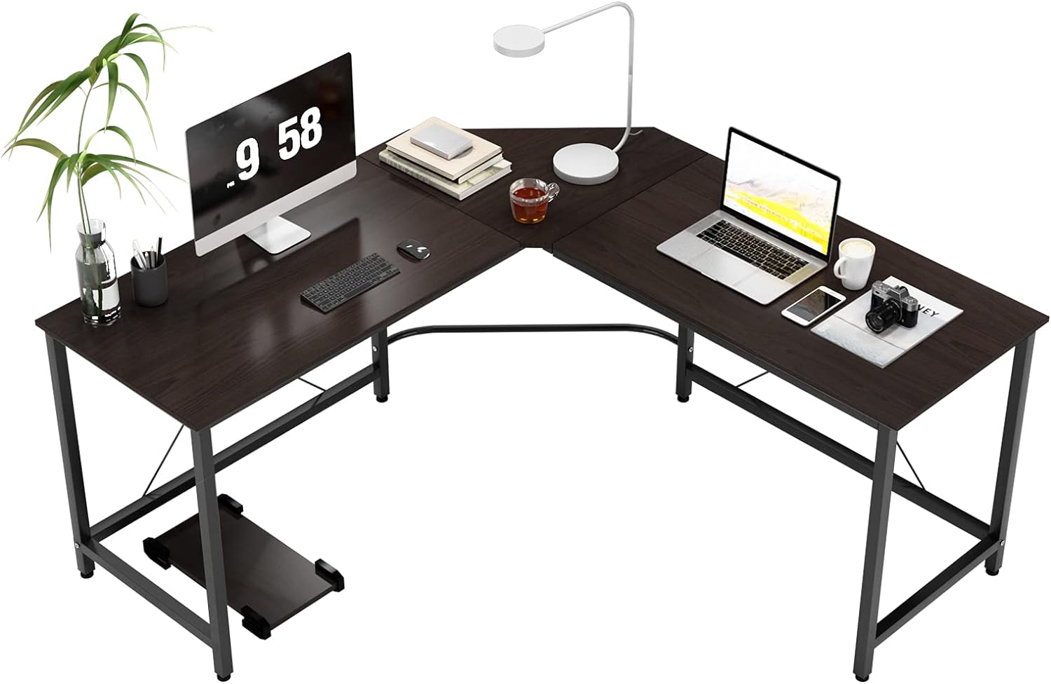 DlandHome L-Shaped Computer Desk 59 inches x 59 inches, Composite Wood and Metal, Home Office PC Laptop Study Workstation Corner Table with CPU Stand, Brown Black and Black Legs, ZJ02-BB