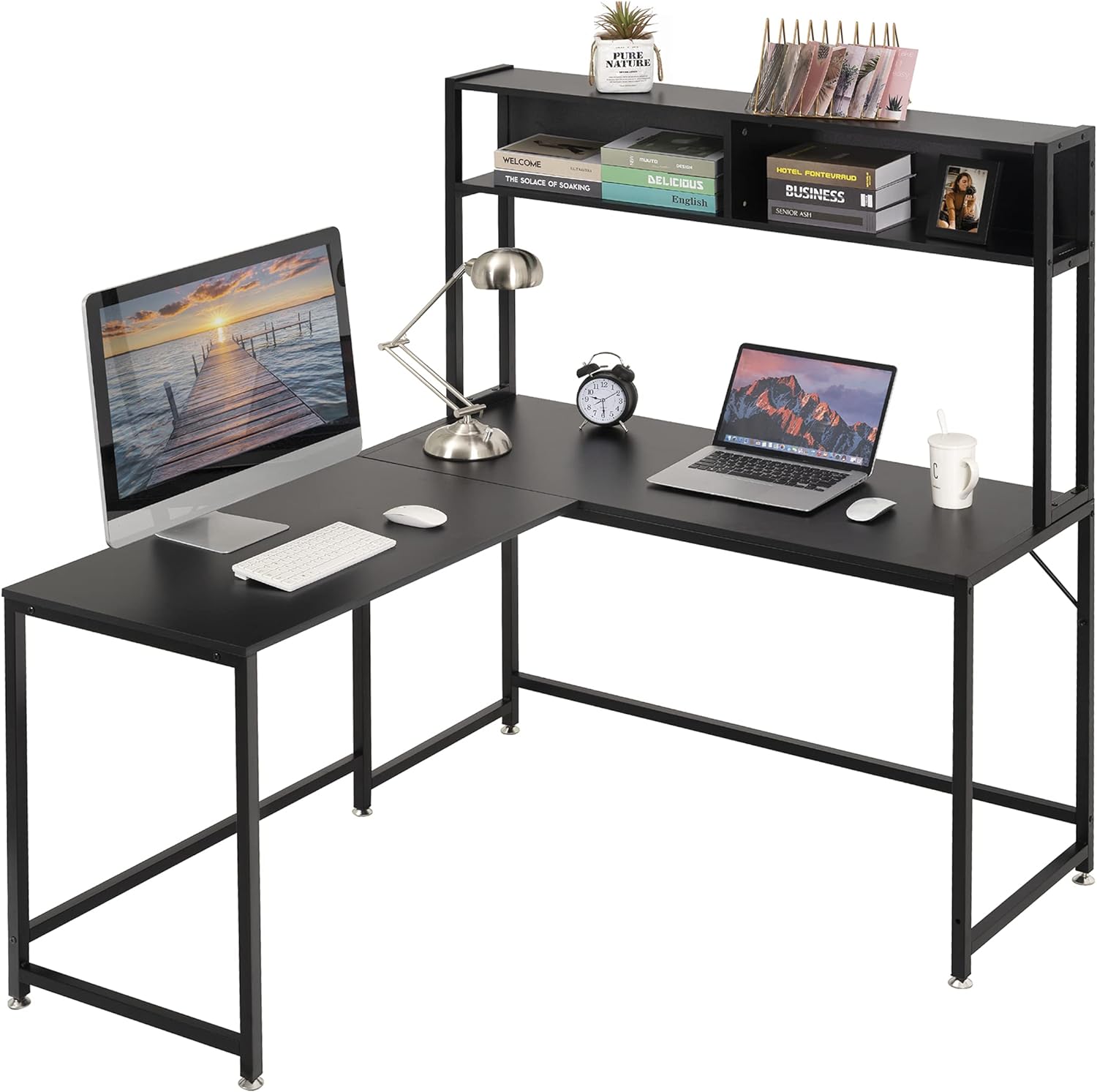 Becko US L Shaped Desk with Hutch, 56 Inch Corner Computer Desk, Home Office Writing Desk with Storage Shelves, Space Saving (Black)