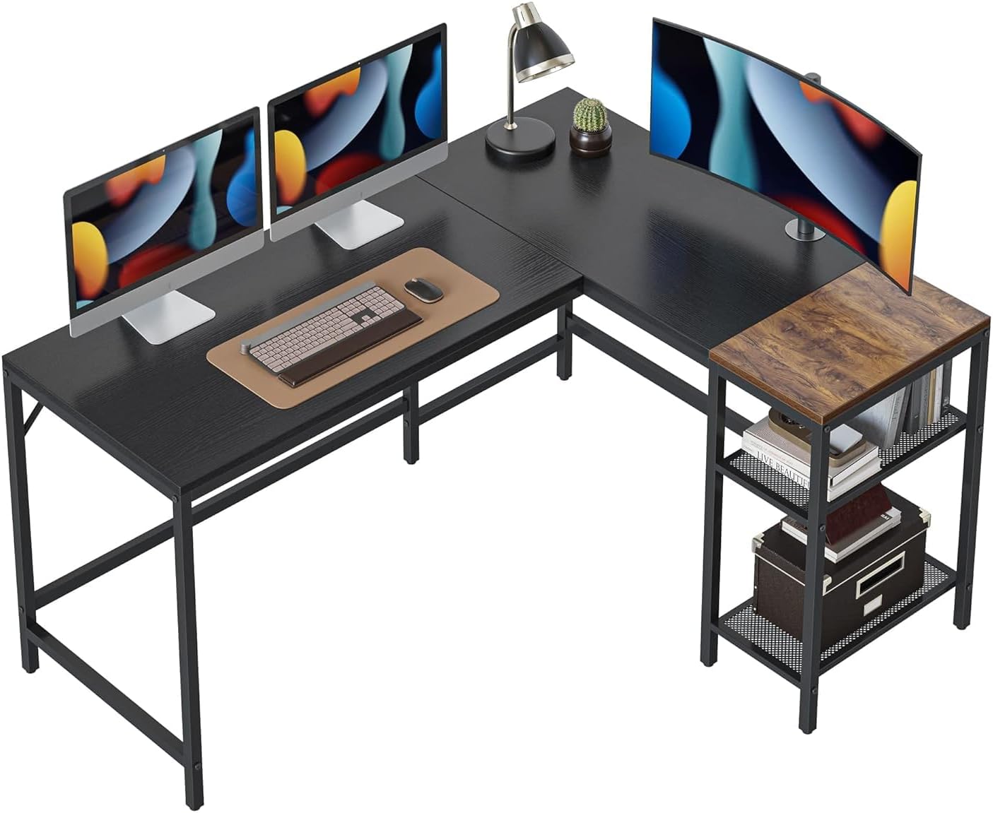 CubiCubi L-Shaped Computer Desk, Industrial Office Corner Desk Writing Study Table with Storage Shelves, Space-Saving, Black/Dark Rustic