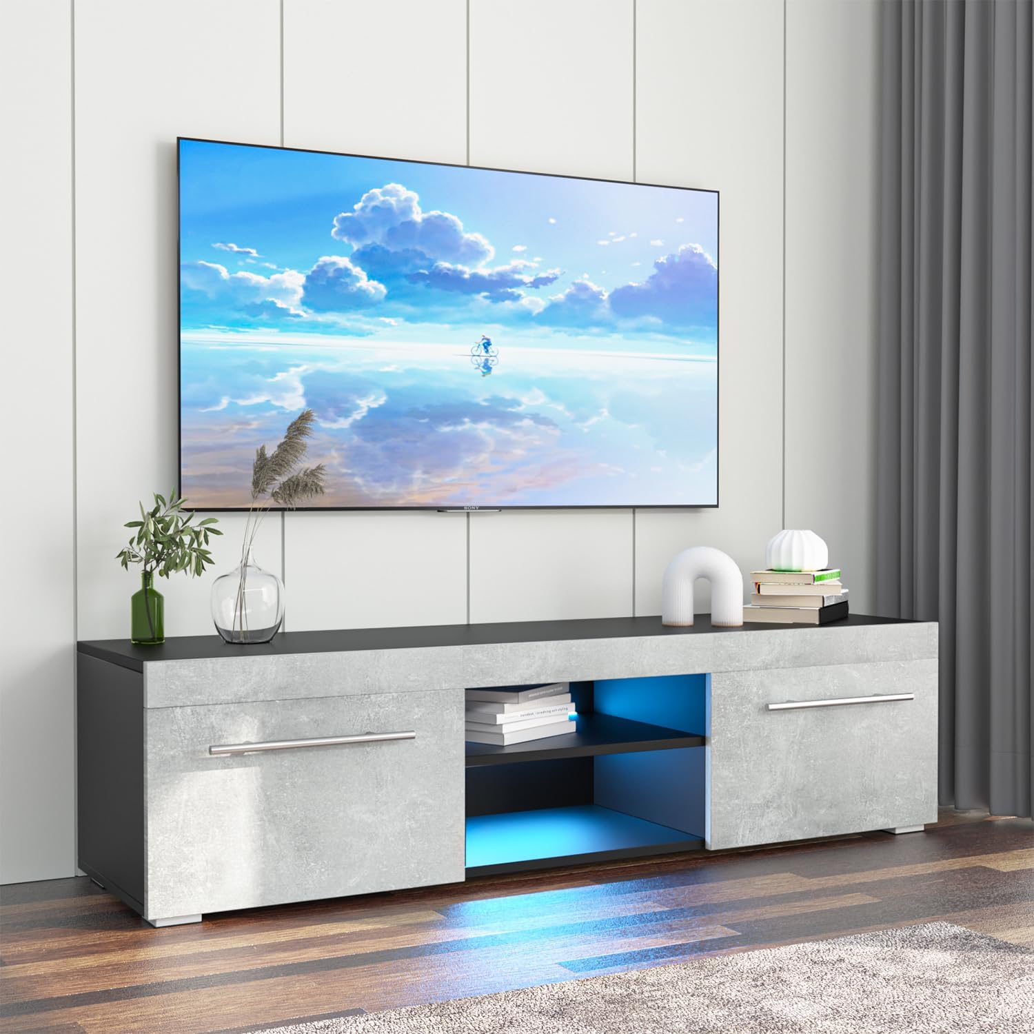HOMMPA TV Stand with LED Lights for TVs up to 59 inch Grey Modern Television Stands LED Entertainment Center with High Gloss Drawers Storage TV Console for Living Room, Bedroom