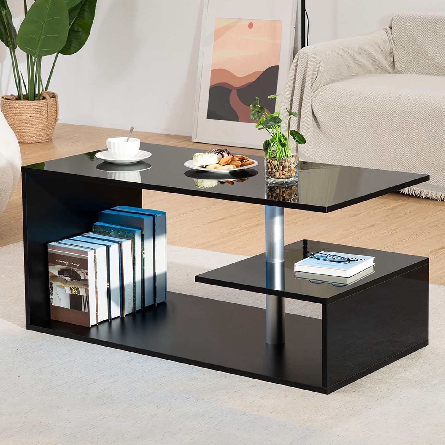 HOMMPA LED Coffee Tables for Living Room Modern Coffee Table with S-Shaped 3 Tiers Open Storage Shelf High Gloss Black Center Sofa Tea Table with LED Lights for Home Office Furniture