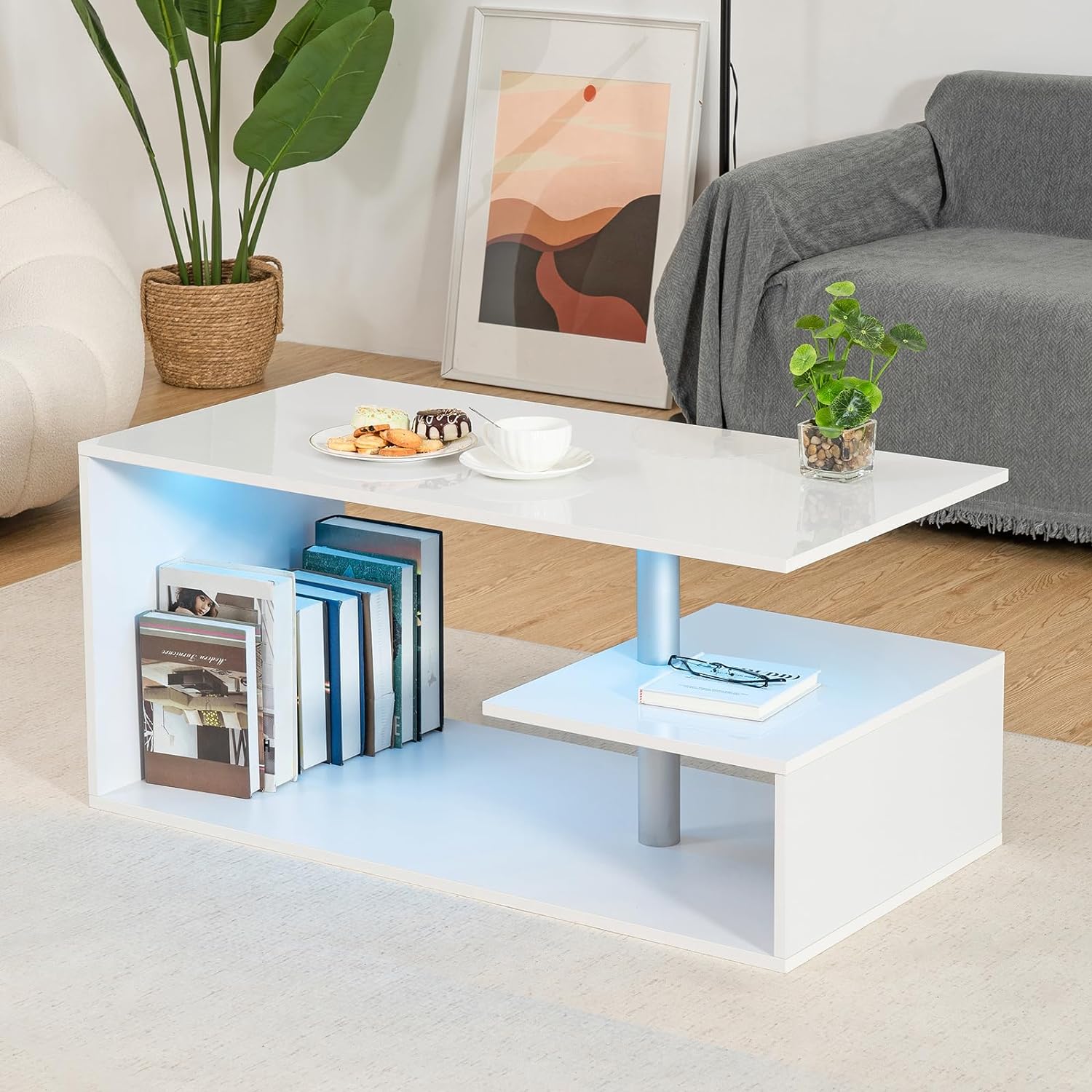 HOMMPA LED Coffee Tables for Living Room Modern Coffee Table with S-Shaped 3 Tiers Open Storage Shelf High Gloss White Center Sofa Tea Table with LED Lights for Home Office Furniture