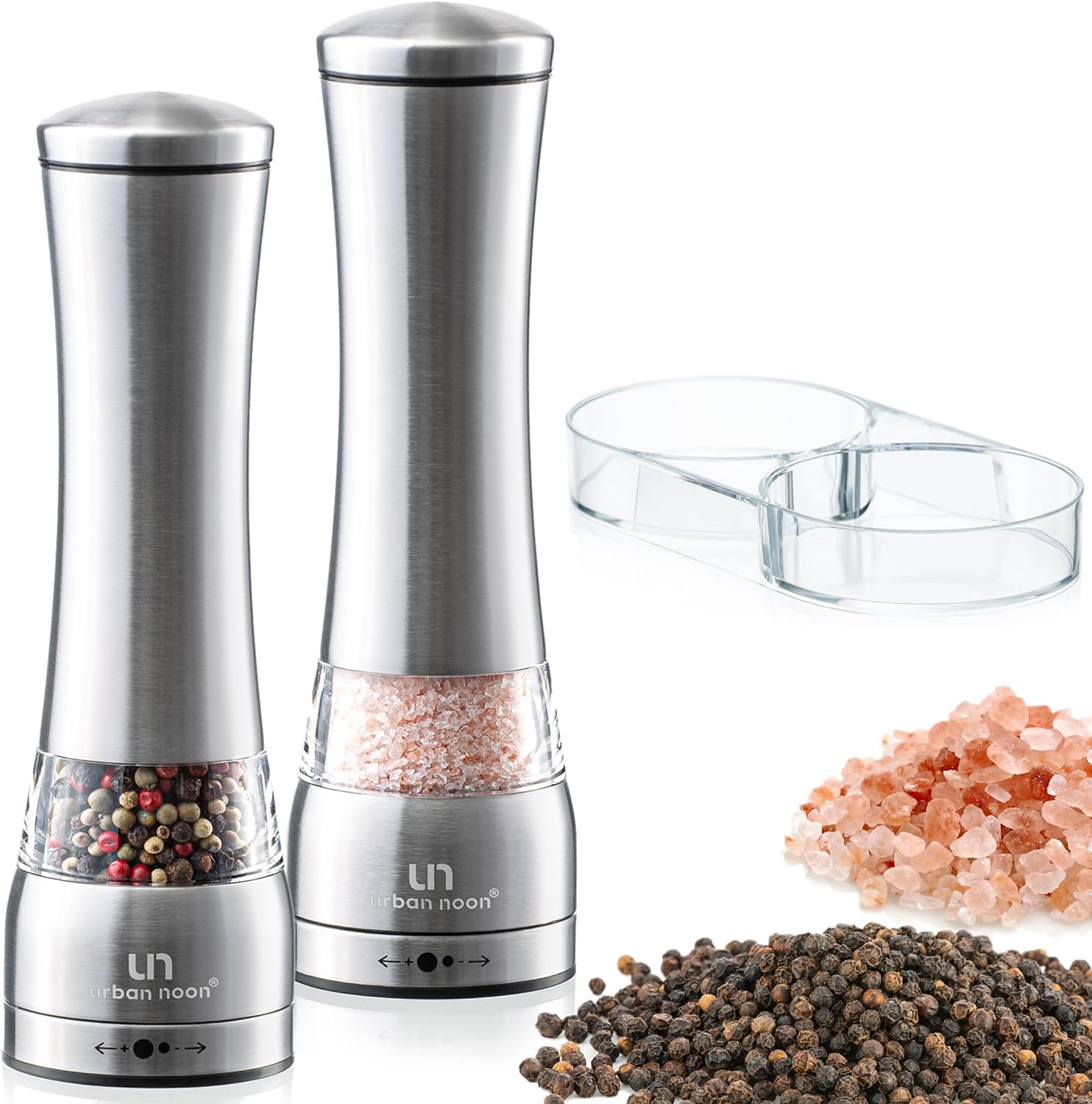 Salt and Pepper Grinder Set - Stainless Steel Pepper Grinder and Salt Grinder with Tray in Luxurious Gift-Box - Manual Mills with Ceramic Grinders and Adjustable Coarseness (Set of 2 plus Tray)