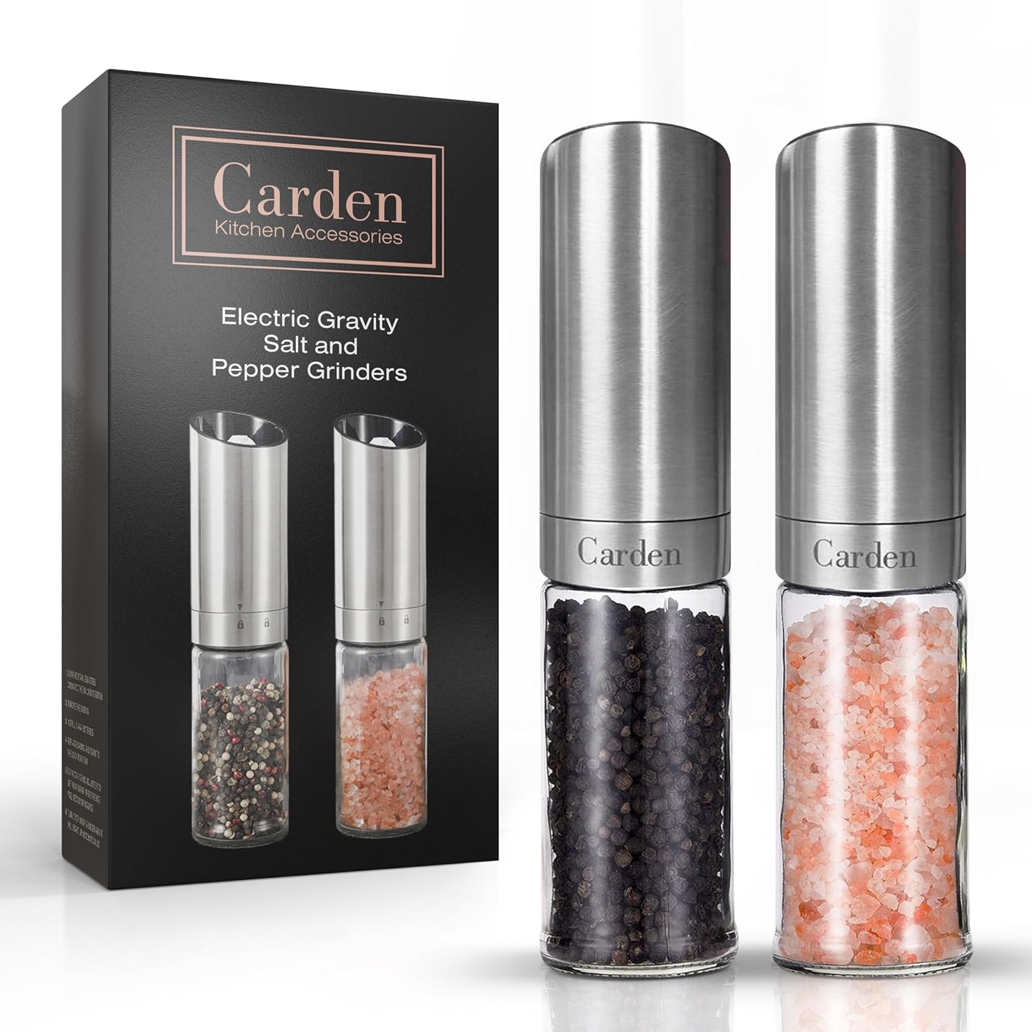 Electric Salt and Pepper Grinder Set, Battery Powered, One Hand Automatic Operation, Adjustable Coarseness, Stainless Steel Shakers, Glass Peppercorn Mills, Gravity, Seasoning Tool