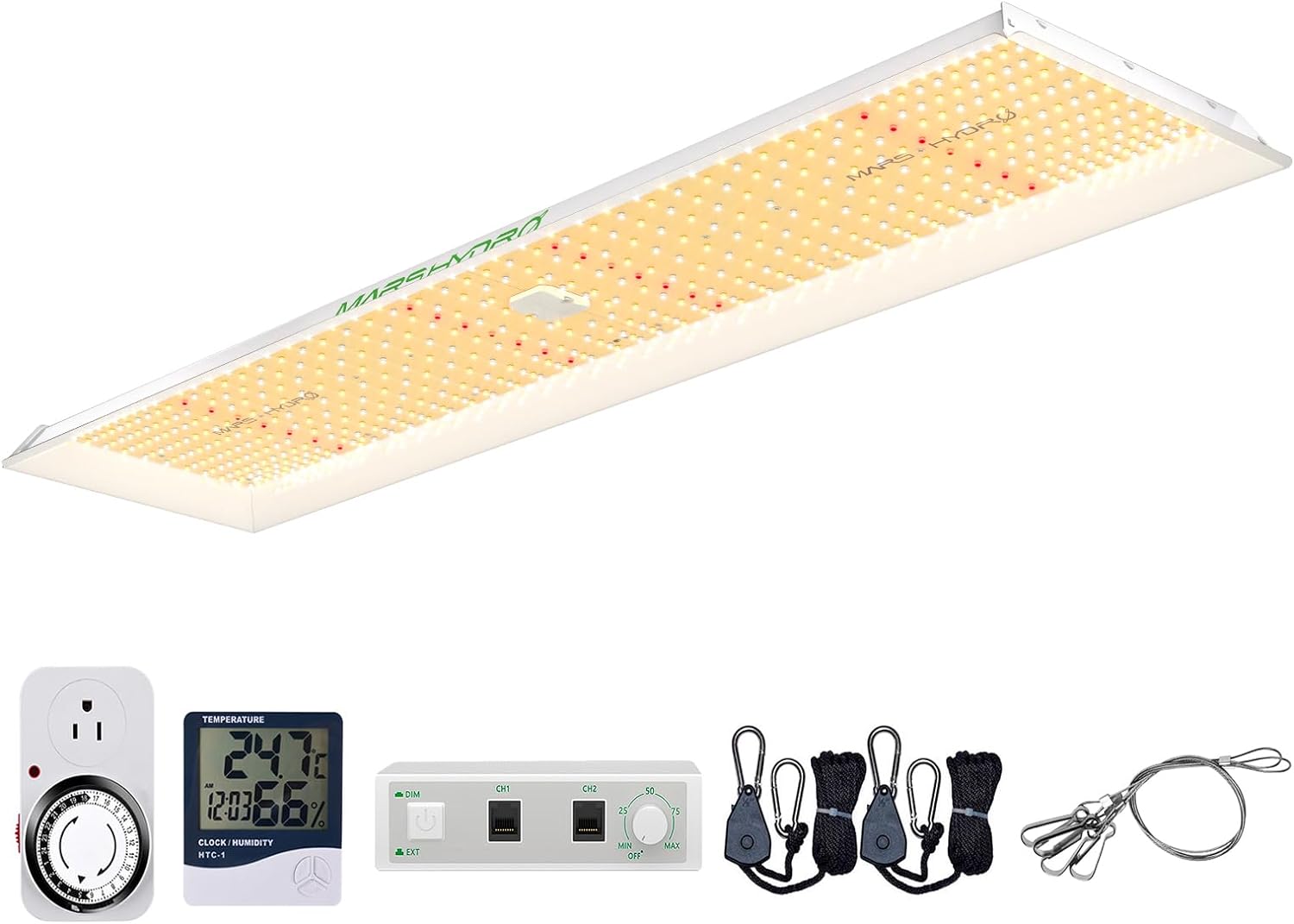 I have had this light for about two weeks now. The light appears well made and comes with the normal hardware for hanging plus a timer and temp/humidity sensor. I would have preferred those to be an option since I have them already and suspect most growers do as well. For first time growers it' a nice package deal.I have six 3-4 week old plants under it at about 18 and four under a 1500 watt LED and there is a noticeable difference in growth on the plants under the Mars Hydro. I recently purch