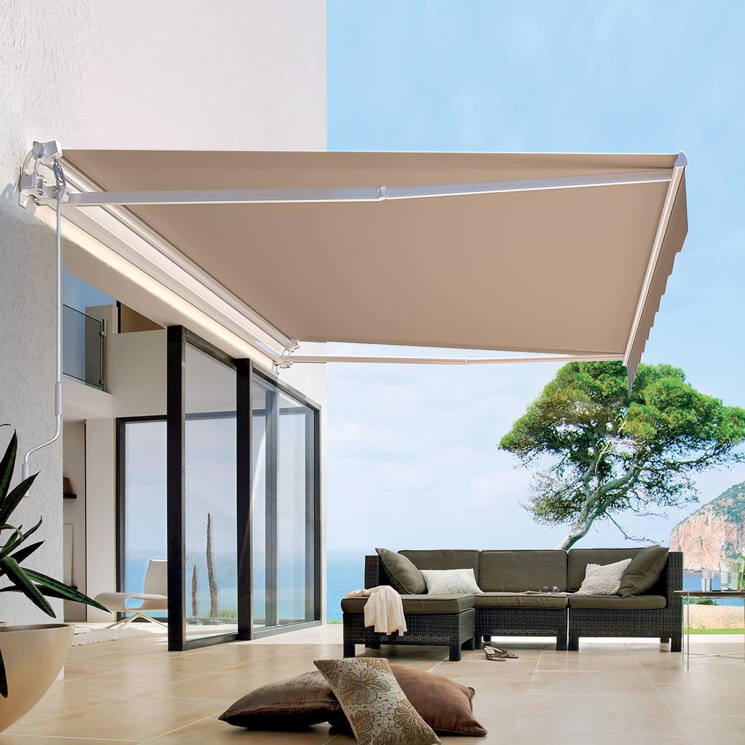AECOJOY 13'8' Manual Retractable Awning Sun Shade Patio Awning Cover Outdoor Patio Canopy Sunsetter Deck Awnings with Manual Crank Handle, Beige