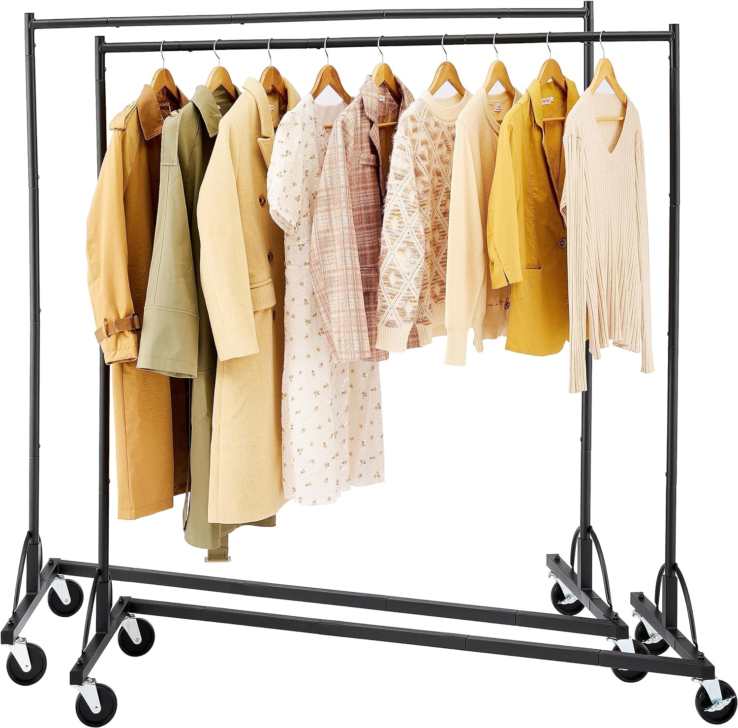 A really excellent rack, strong and durable. Great product holds a lot clothes more than I thought. Very easy to put together and roll around. No hassle in anyway with this.