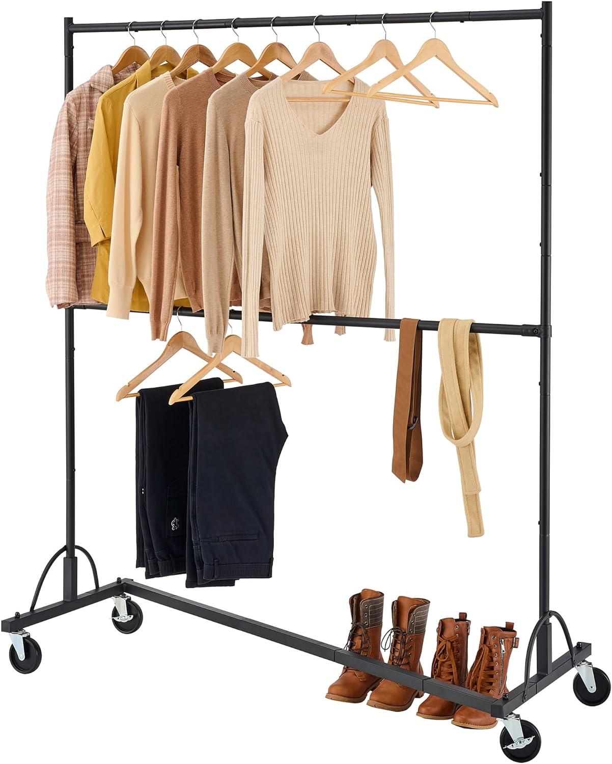 A really excellent rack, strong and durable. Great product holds a lot clothes more than I thought. Very easy to put together and roll around. No hassle in anyway with this.