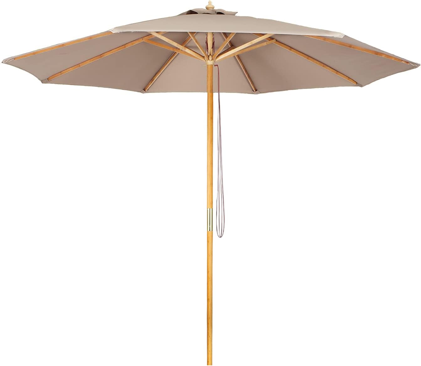 9ft Bamboo Table Umbrella Patio Outdoor Umbrella Market Round Umbrella with Pulley Lift Windproof & Waterproof, 8 Ribs with Polyester Cover for Garden Deck Pool Patio, Backyard (Taupe)