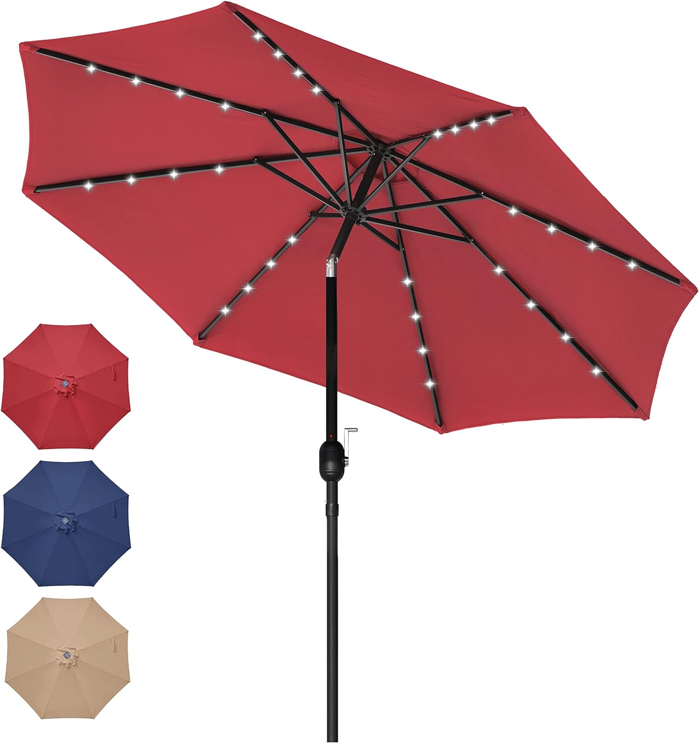 Simple Deluxe 9' Solar Umbrella 32 LED Lighted Patio Umbrella Table Market Umbrella with Push Button Tilt/Crank Outdoor Umbrella for Garden, Deck, Backyard and Pool