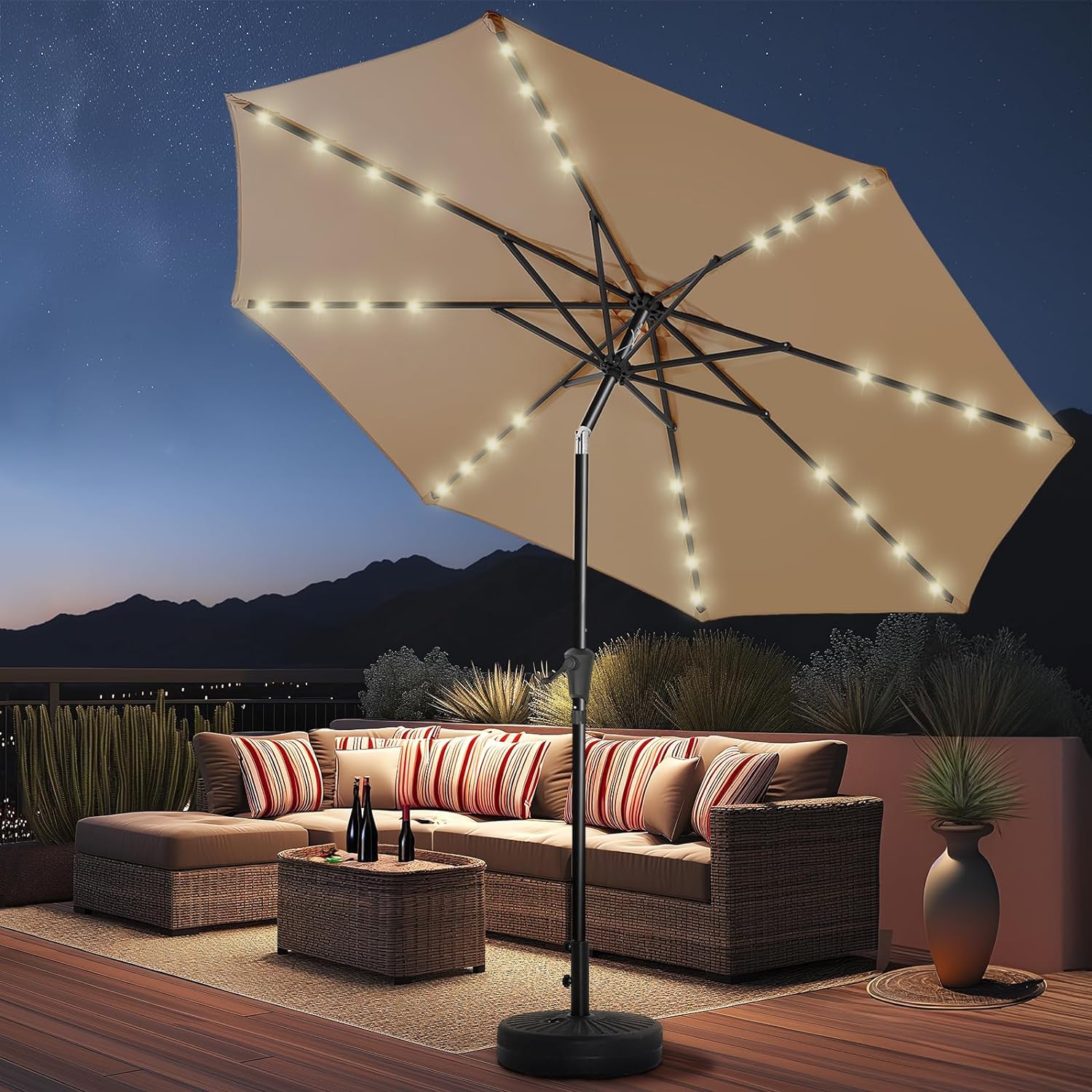 9ft Solar Patio Umbrella - Solar Lights LED Lighted Outdoor Market Table Umbrella, UPF50  UV Protection with Push Button Tilt, Crank for Pool Deck and Garden (Beige)