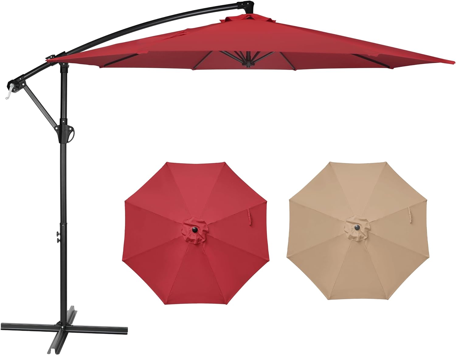 YSSOA 10ft Cantilever Patio Umbrella, Offset Hanging Outdoor Market Umbrellas with Cross Base and Crank for Garden, Lawn and Deck, Red