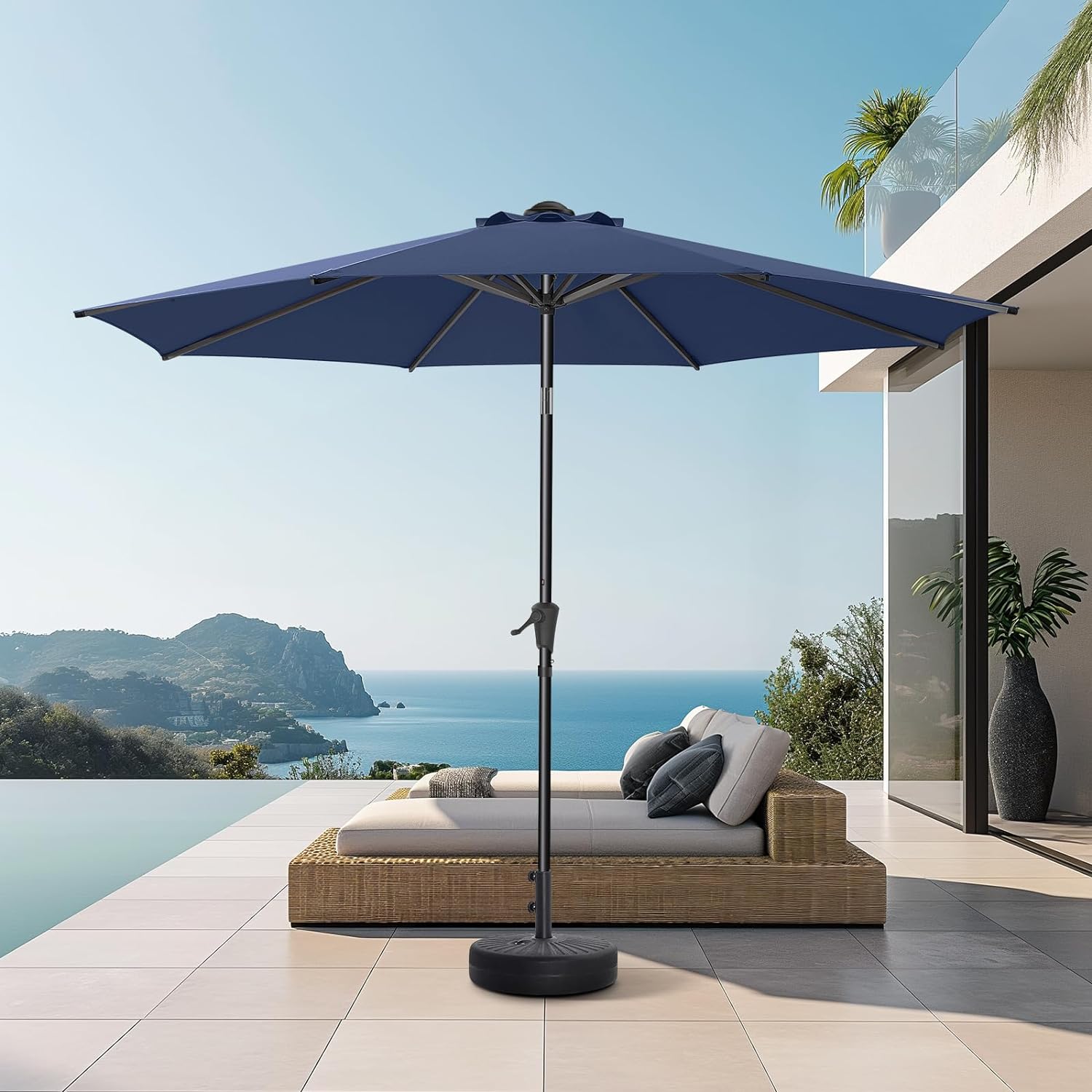 9ft Outdoor Patio Umbrella - Market Table Pool Deck Umbrella UPF50  UV Protection with Push Button Tilt, Crank and 8 Sturdy Ribs (Navy)