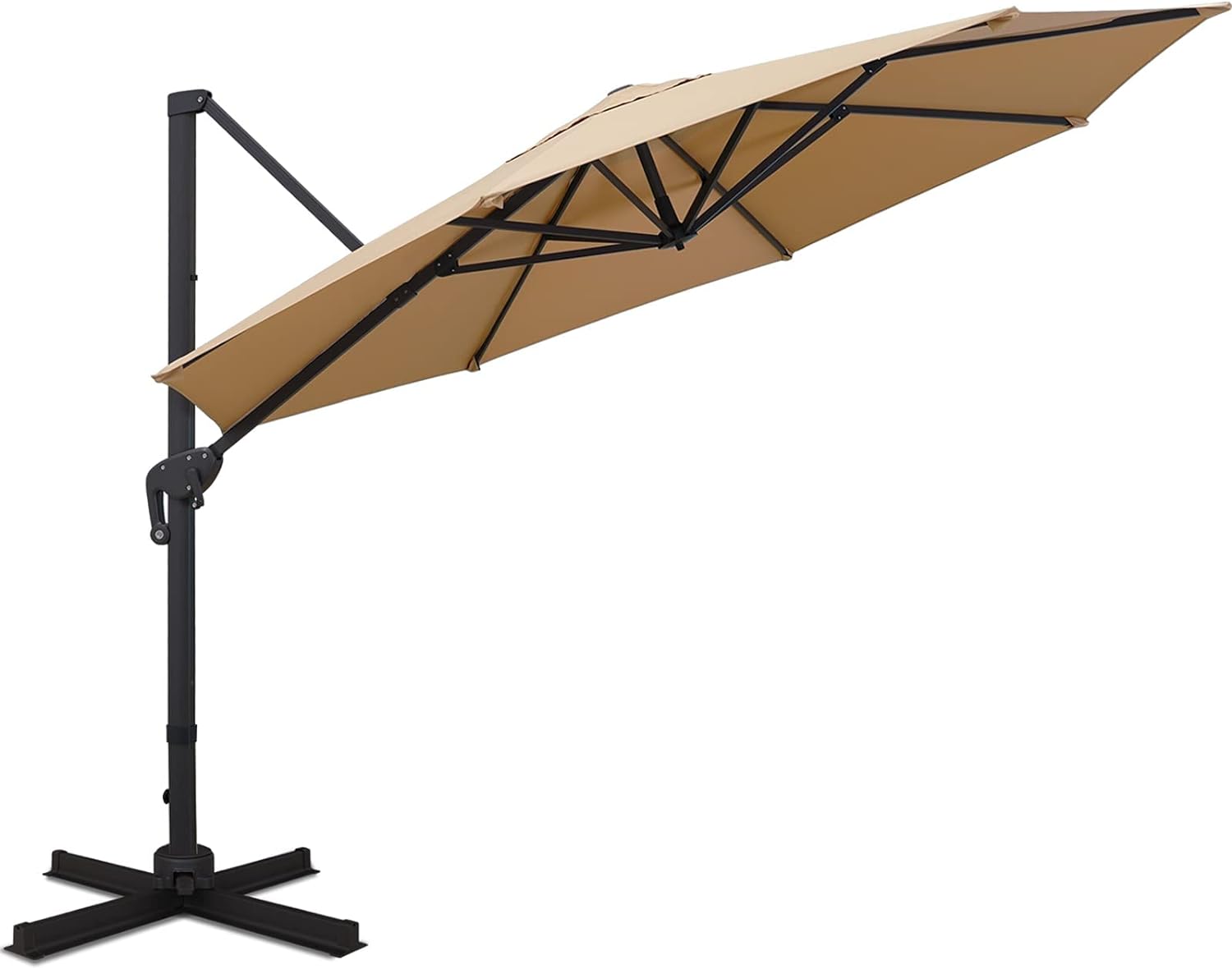 Sunnyglade 11FT Cantilever Patio Umbrella Round Deluxe Offset Umbrella 360Rotation & Integrated Tilting System Heavy Duty Patio Hanging Umbrella for Market Garden Deck Pool Backyard Patio(Tan)