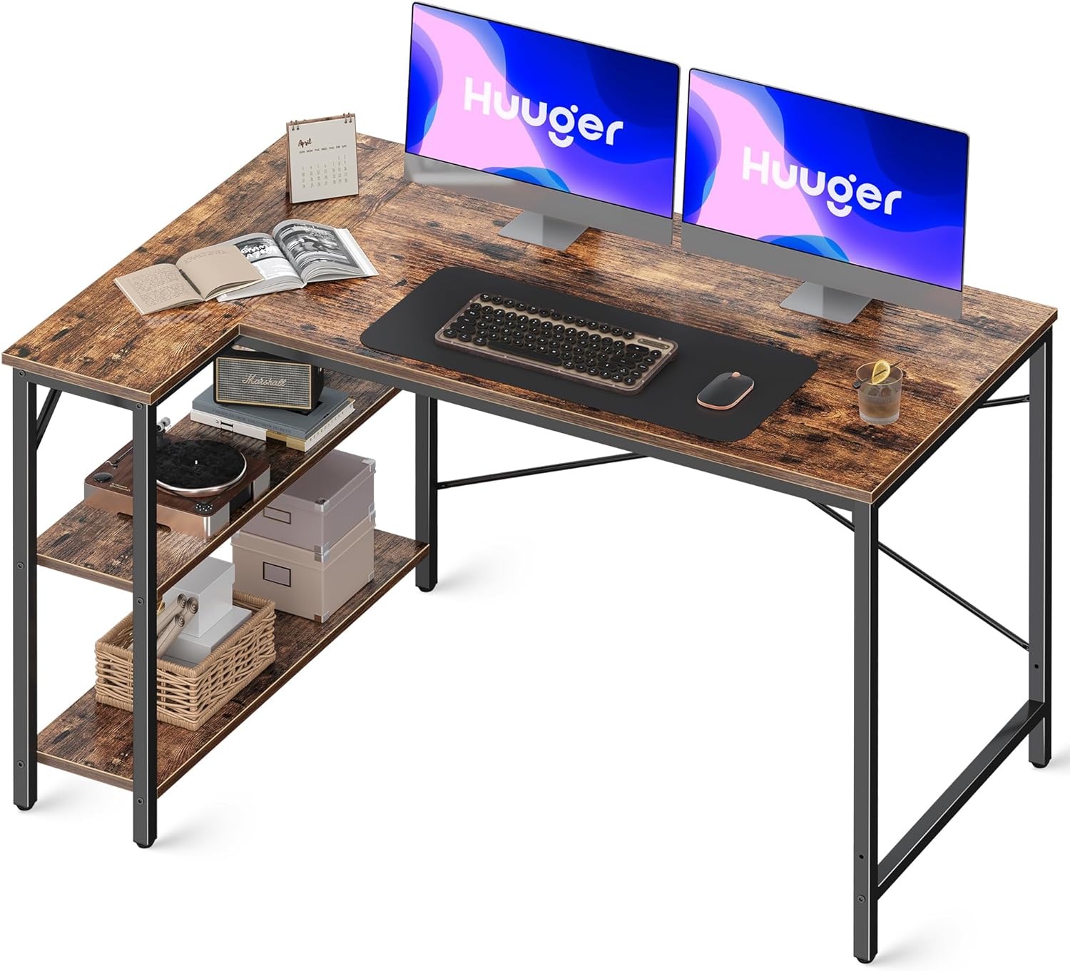 L Shaped Computer Desk with Reversible Storage Shelves, Gaming Corner Desk for Home Office, Writing Study Desk with Metal Frame, Rustic Brown