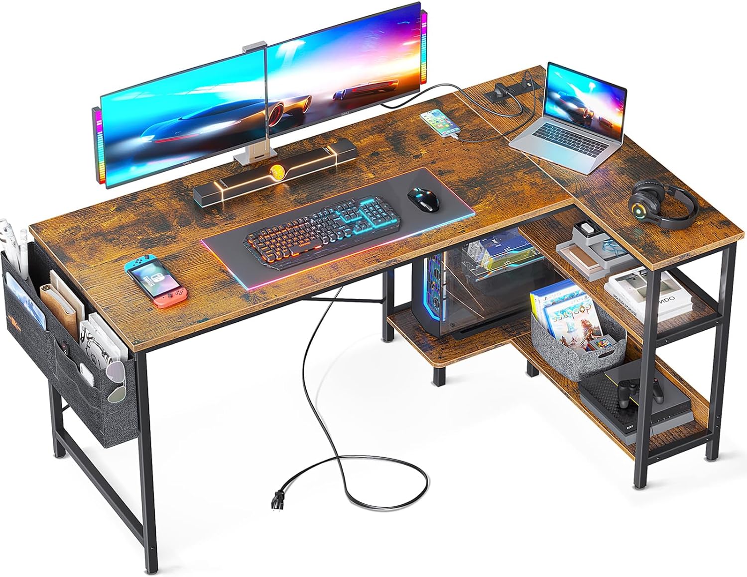 ODK 55 Inch Small L Shaped Gaming Computer Desk with Power Outlets, Reversible Storage Shelves & PC Stand for Home Office, Simple Writing Study Table with Storage Bag for Small Space, Vintage