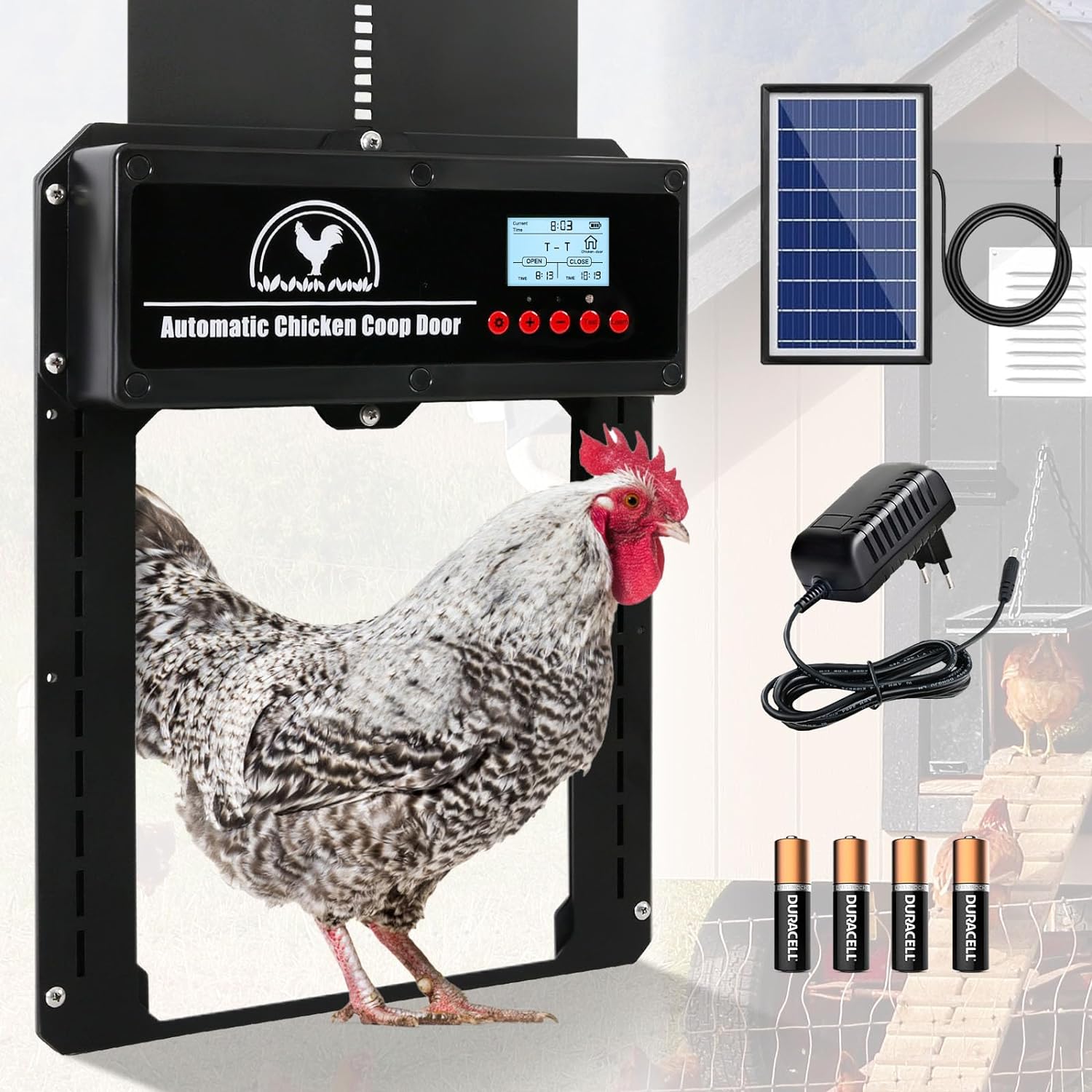 AECOJOY Automatic Chicken Coop Door with Solar Powered, Power Adapter&Battery Powered, Timer, Light Sensor, Remote Control Chicken Door Opener Aluminum Chicken Coop Door w/Display, Anti-Pinch Design