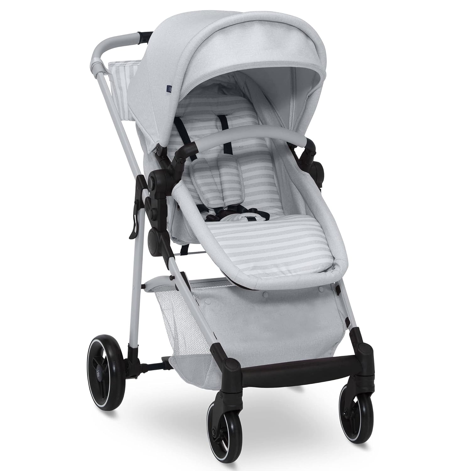 GAP babyGap 2-in-1 Carriage Stroller - Car Seat Compatible - Easy One-Handed Fold - Lightweight Stoller with Oversized Canopy & Reclining Seat - Made with Sustainable Materials, Grey Stripes