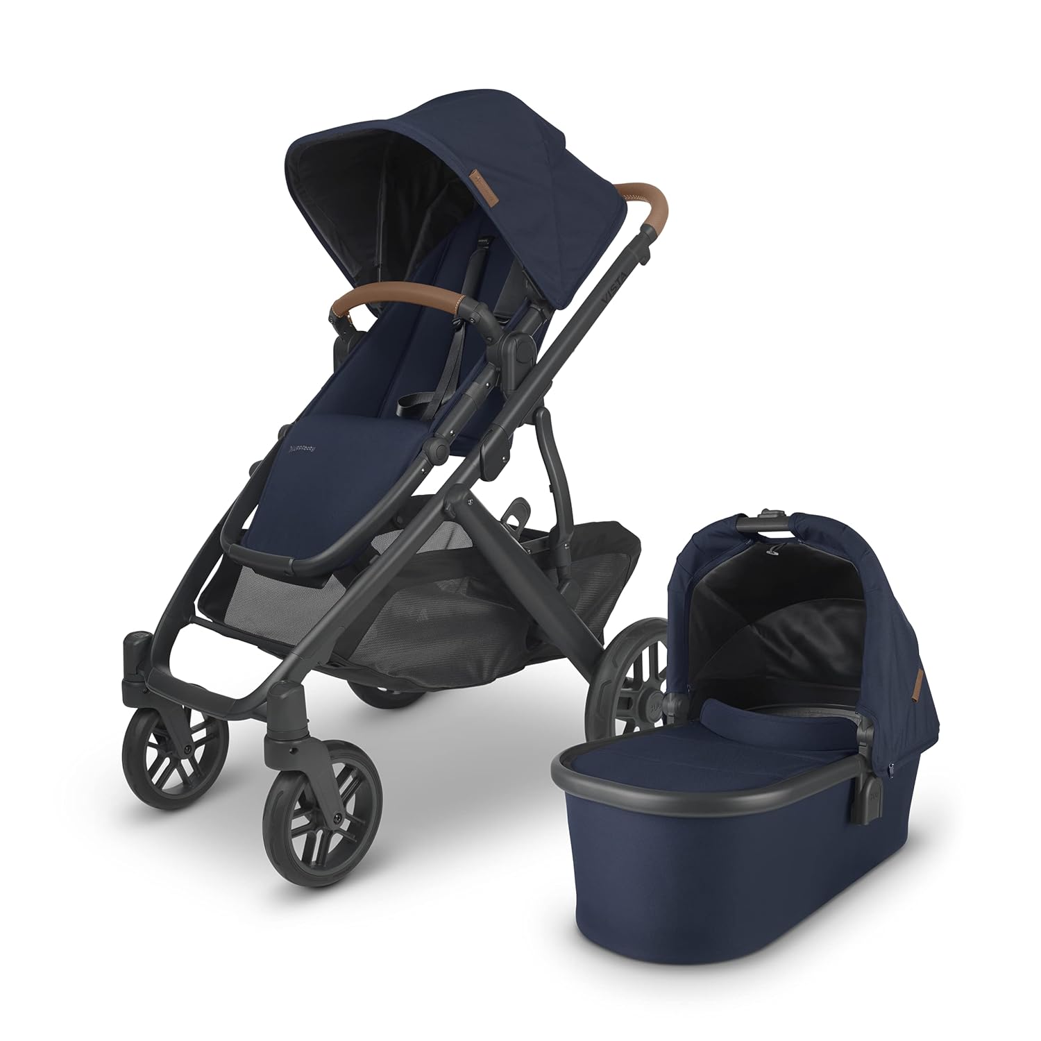 UPPAbaby Vista V2 Stroller / Convertible Single-To-Double System / Bassinet, Toddler Seat, Bug Shield, Rain Shield, and Storage Bag Included / Noa (Navy/Carbon Frame/Saddle Leather)