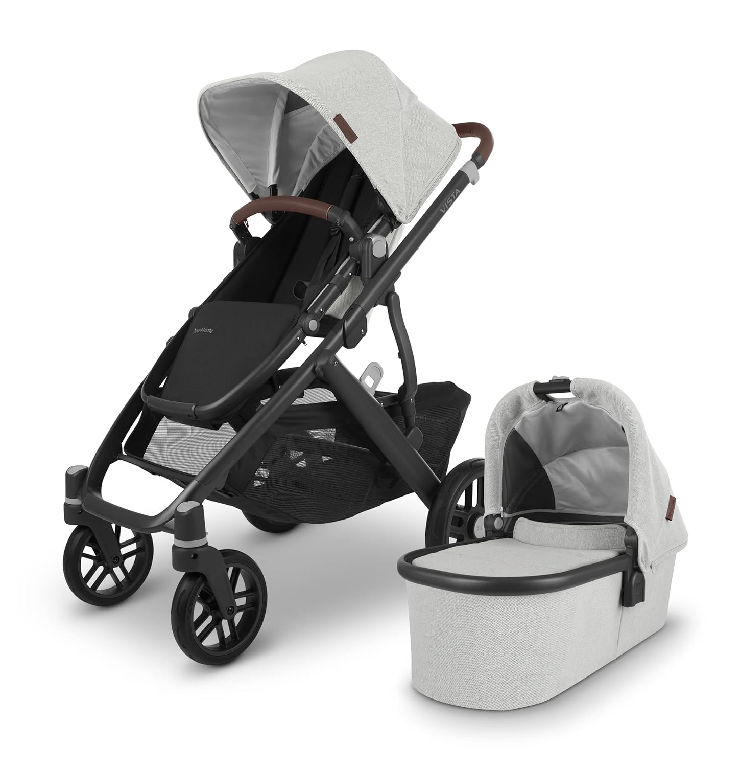 UPPAbaby Vista V2 Stroller / Convertible Single-To-Double System / Bassinet, Toddler Seat, Bug Shield, Rain Shield, and Storage Bag Included/Anthony (White Grey Chenille/Carbon Frame/Chestnut Leather)