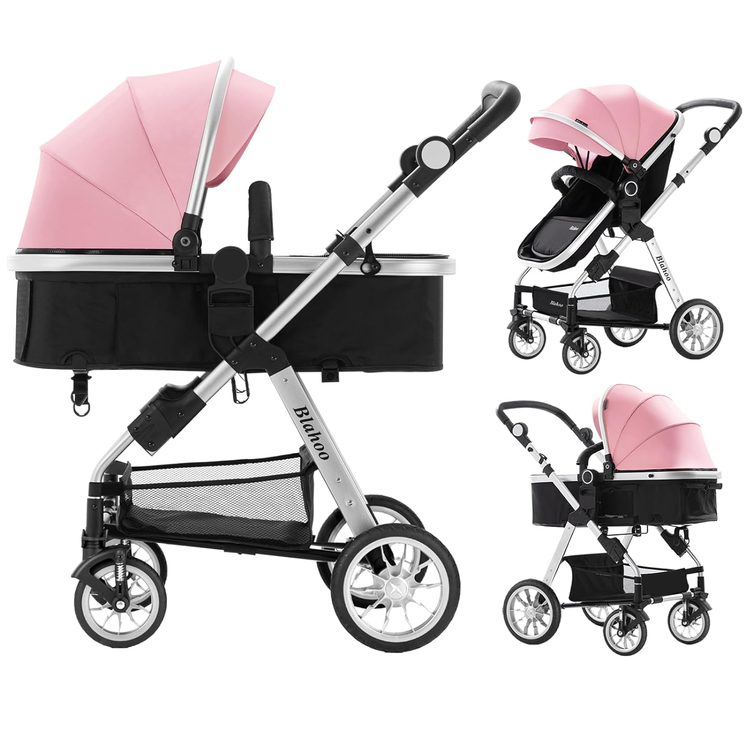 Blahoo Baby Stroller for Toddler,Bassinet Stroller,Foldable Aluminum Alloy Pushchair with Adjustable Backrest,Adjustable Direction Pink